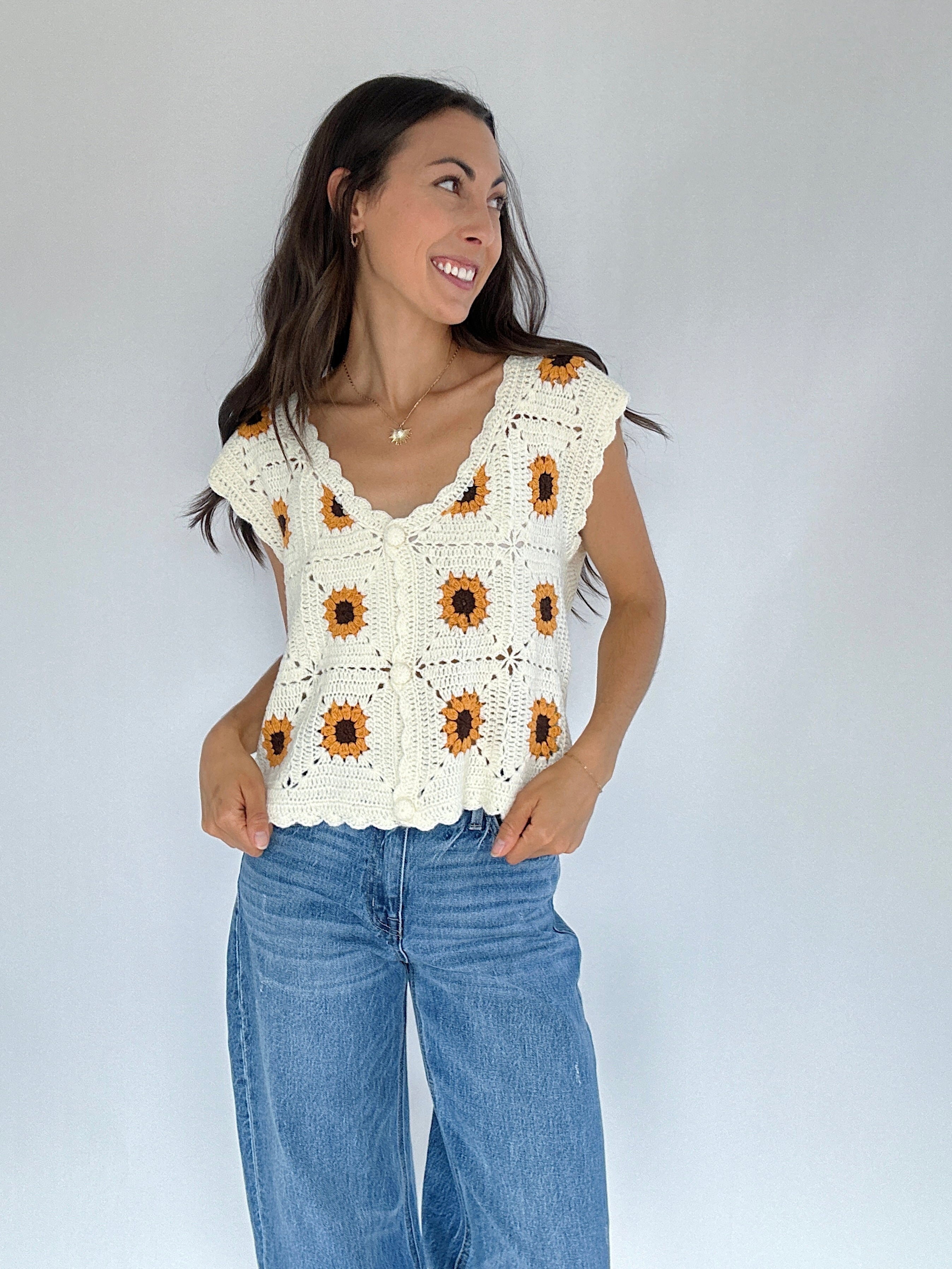 Sunflower Crochet Vest – Blue Magnolia