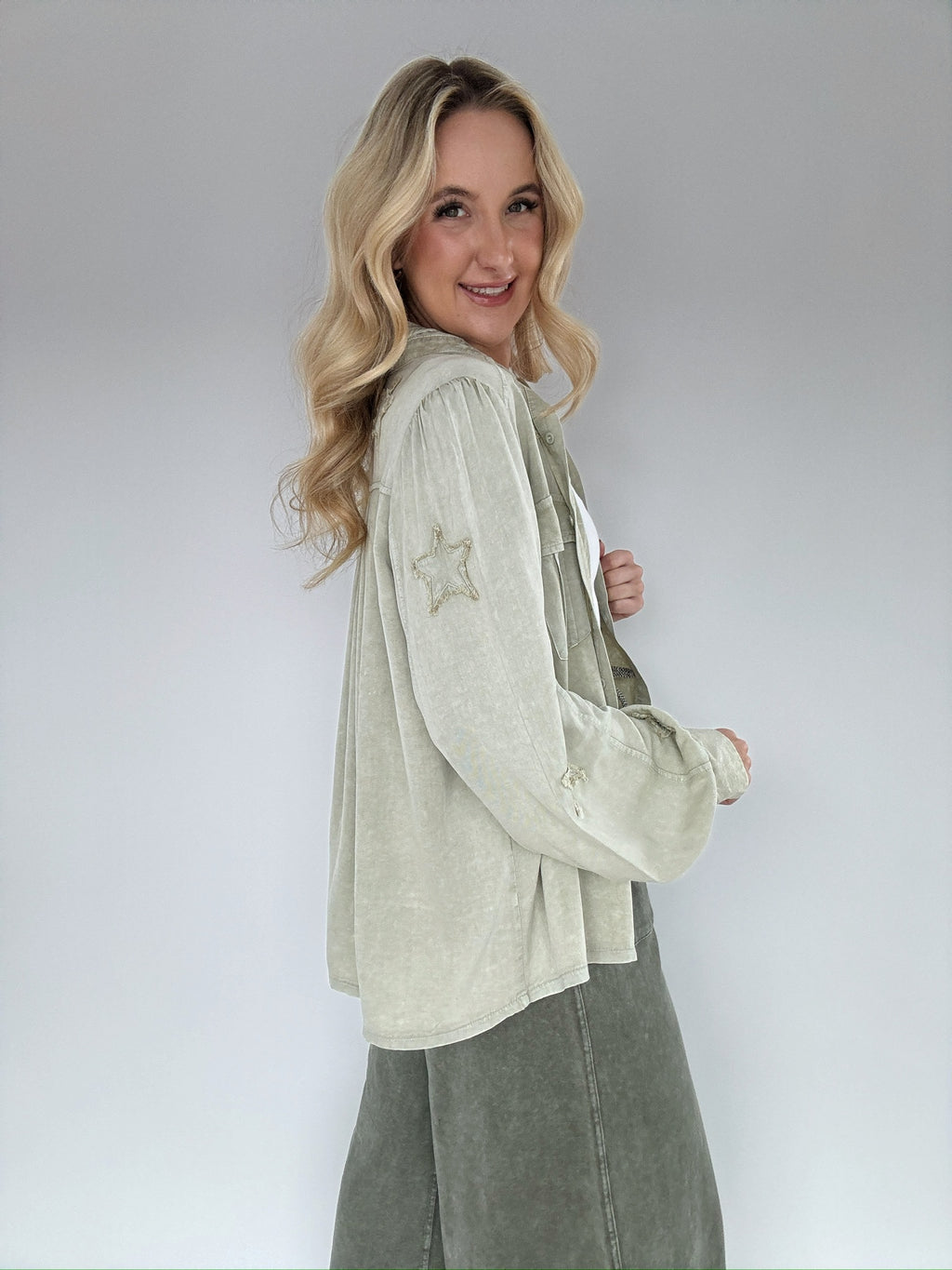 Star Patched Button Down - Sage