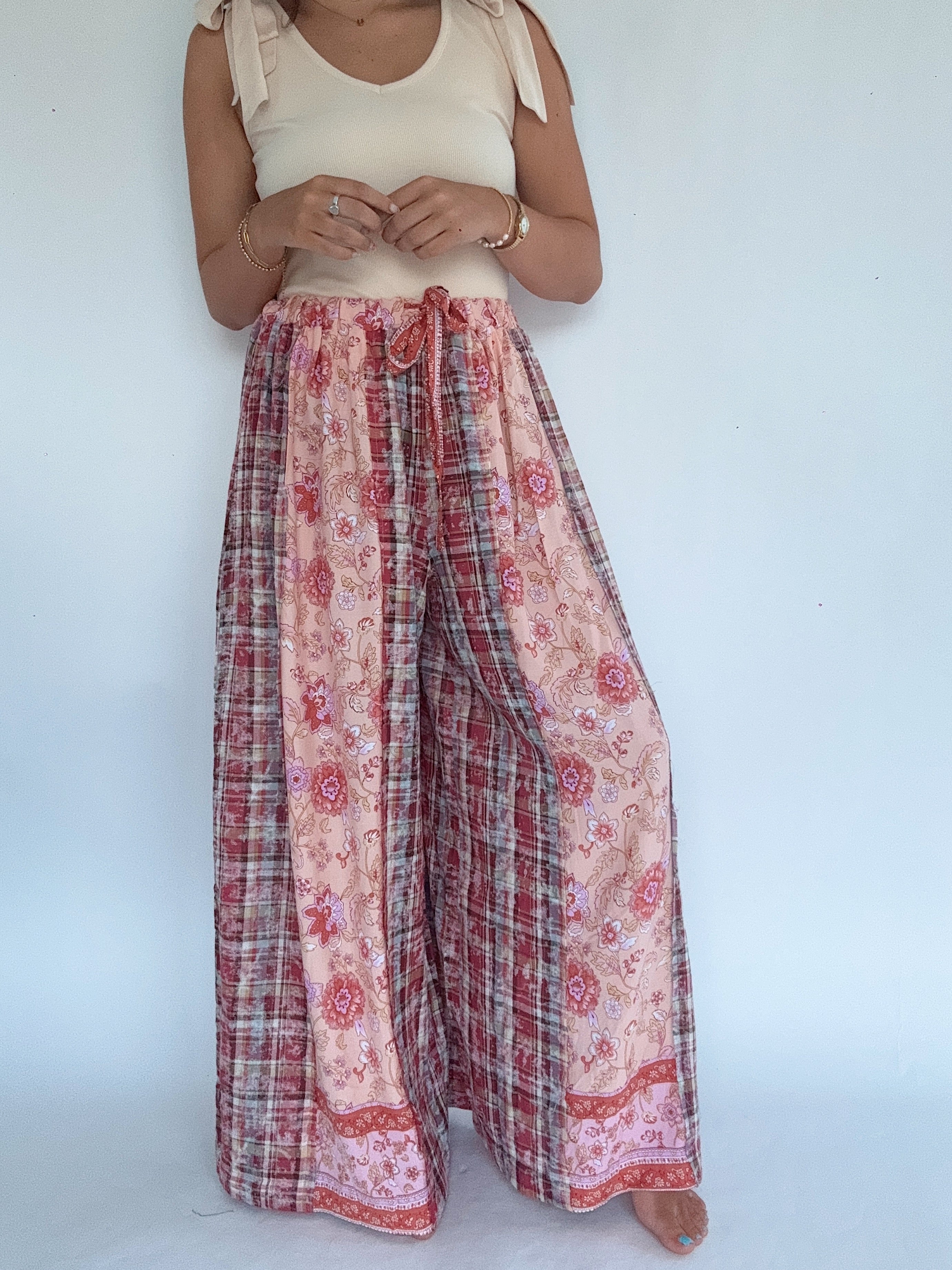 Ana Paisley Plaid Wide Leg Pants With Taupe Tank