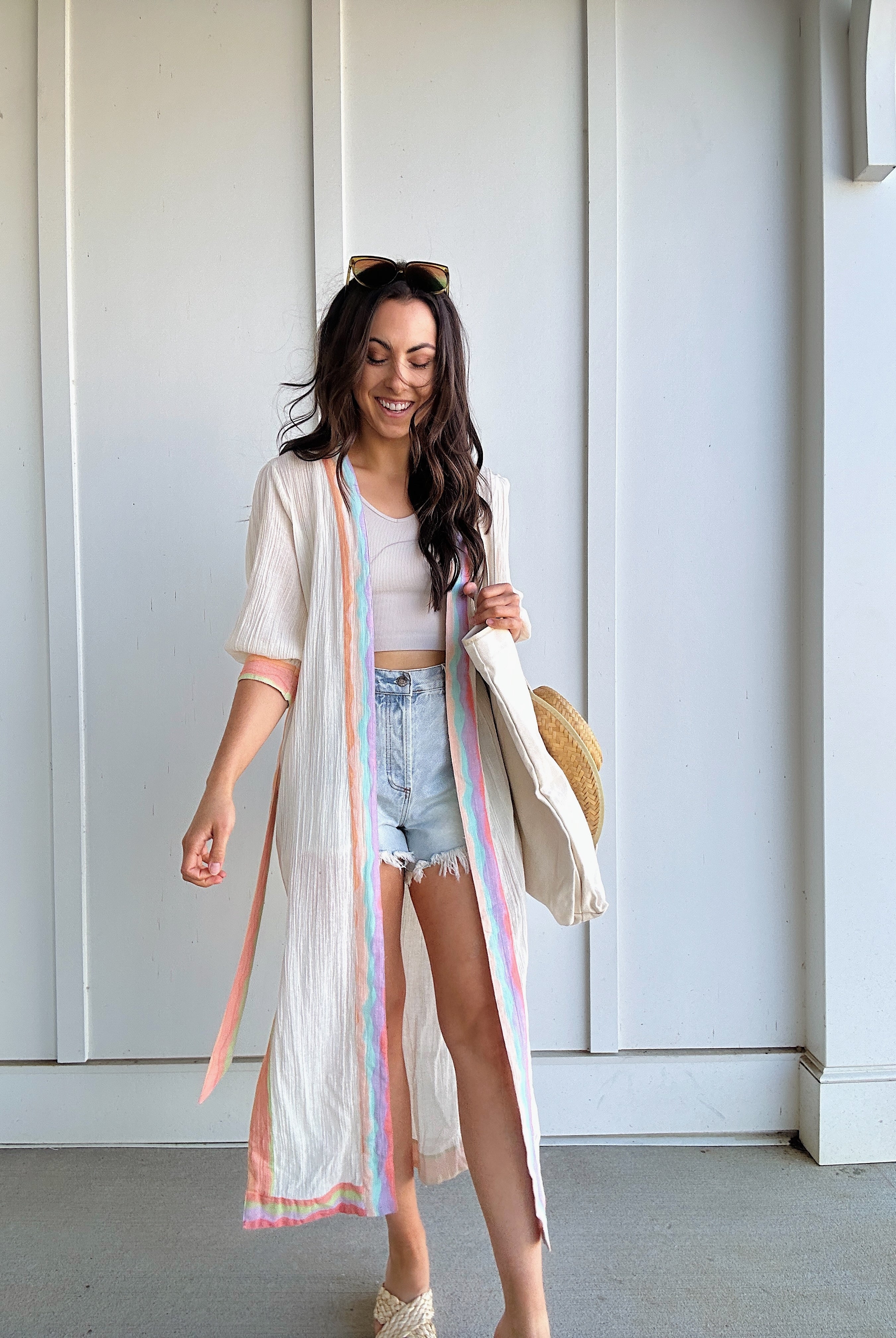 woman wearing duster with colorful trim