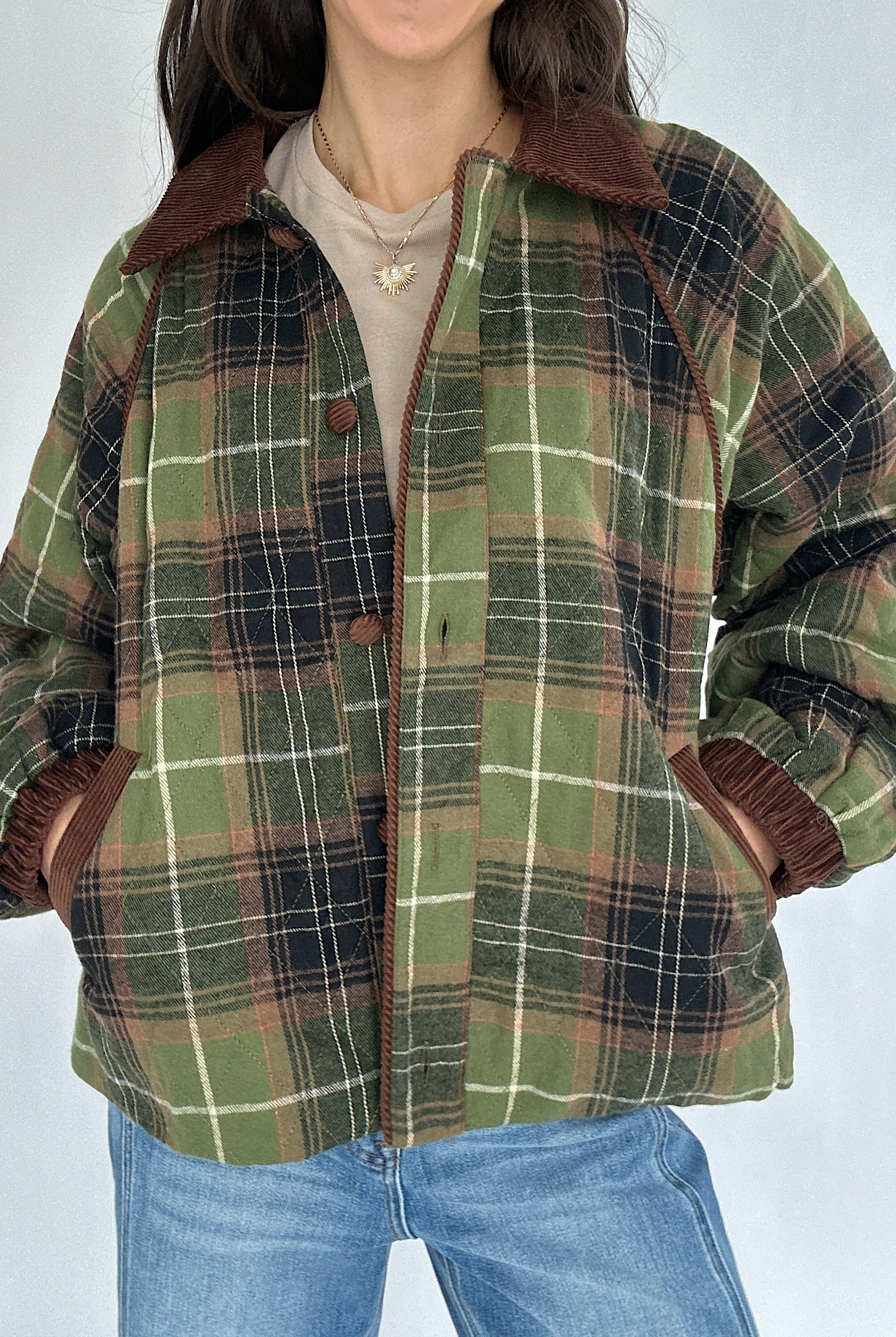 Person wearing a green plaid jacket with brown trim on a white background