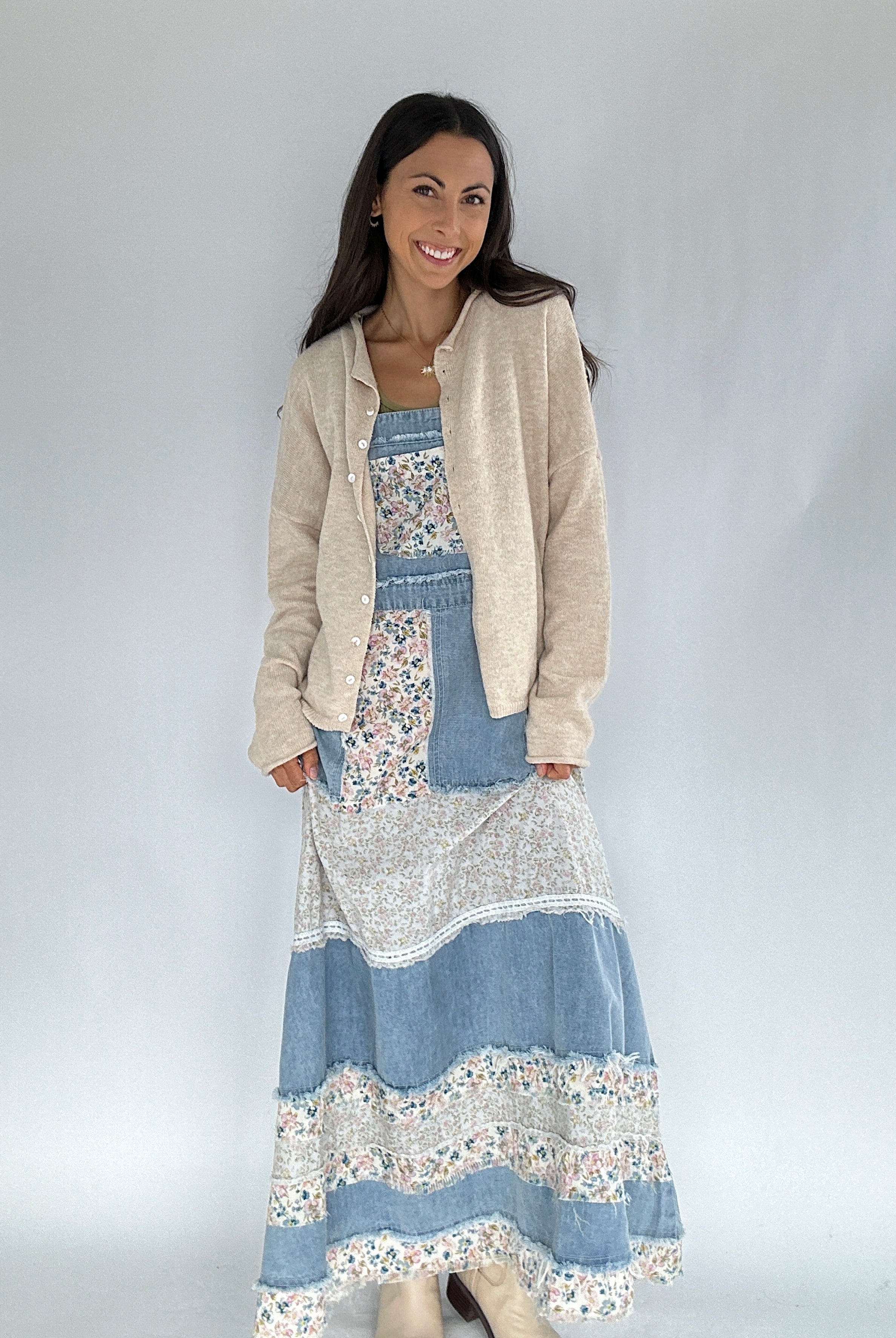 Can You Imagine Overall Dress front with cardigan