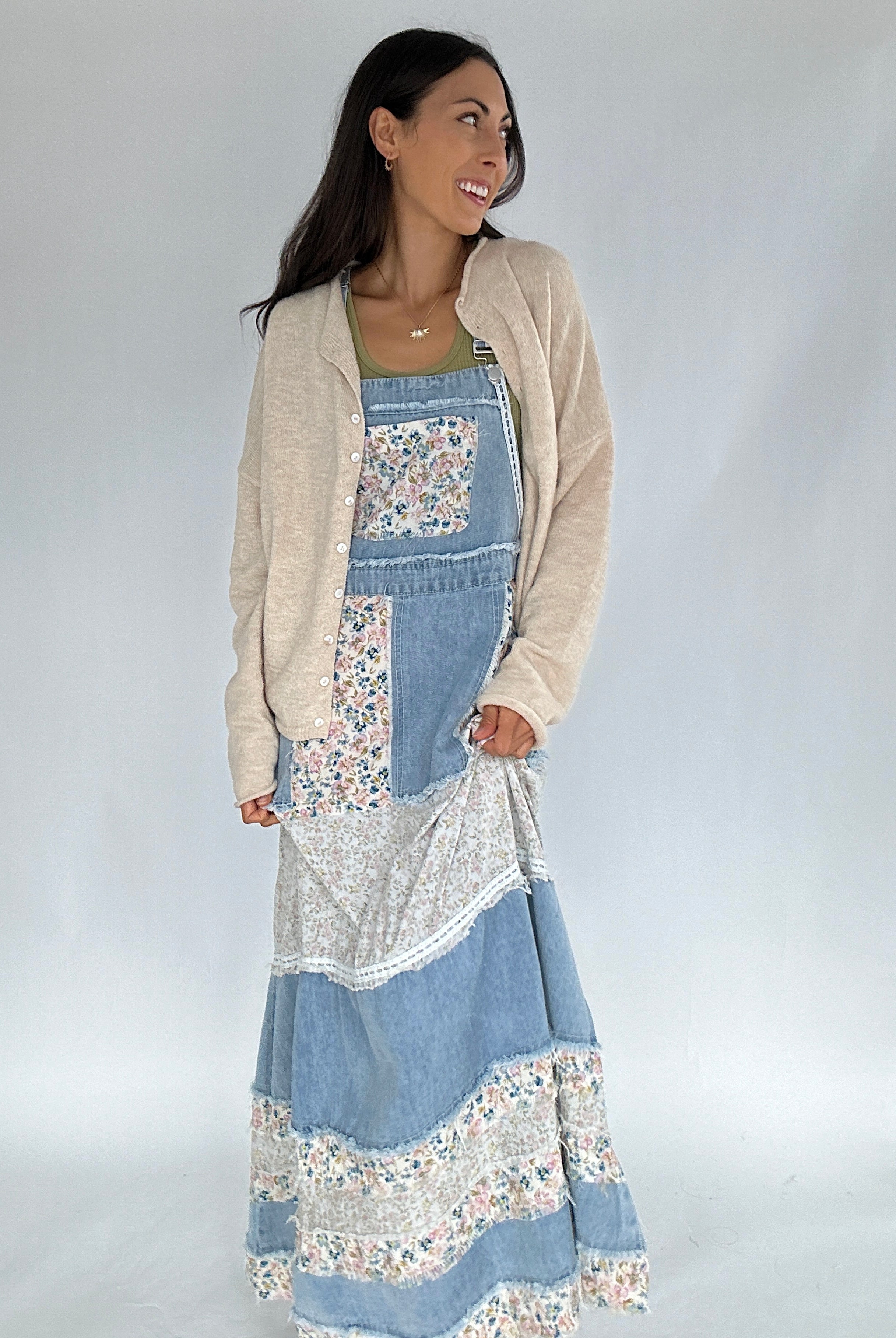 Can You Imagine Overall Dress with Presley Cardigan in cream