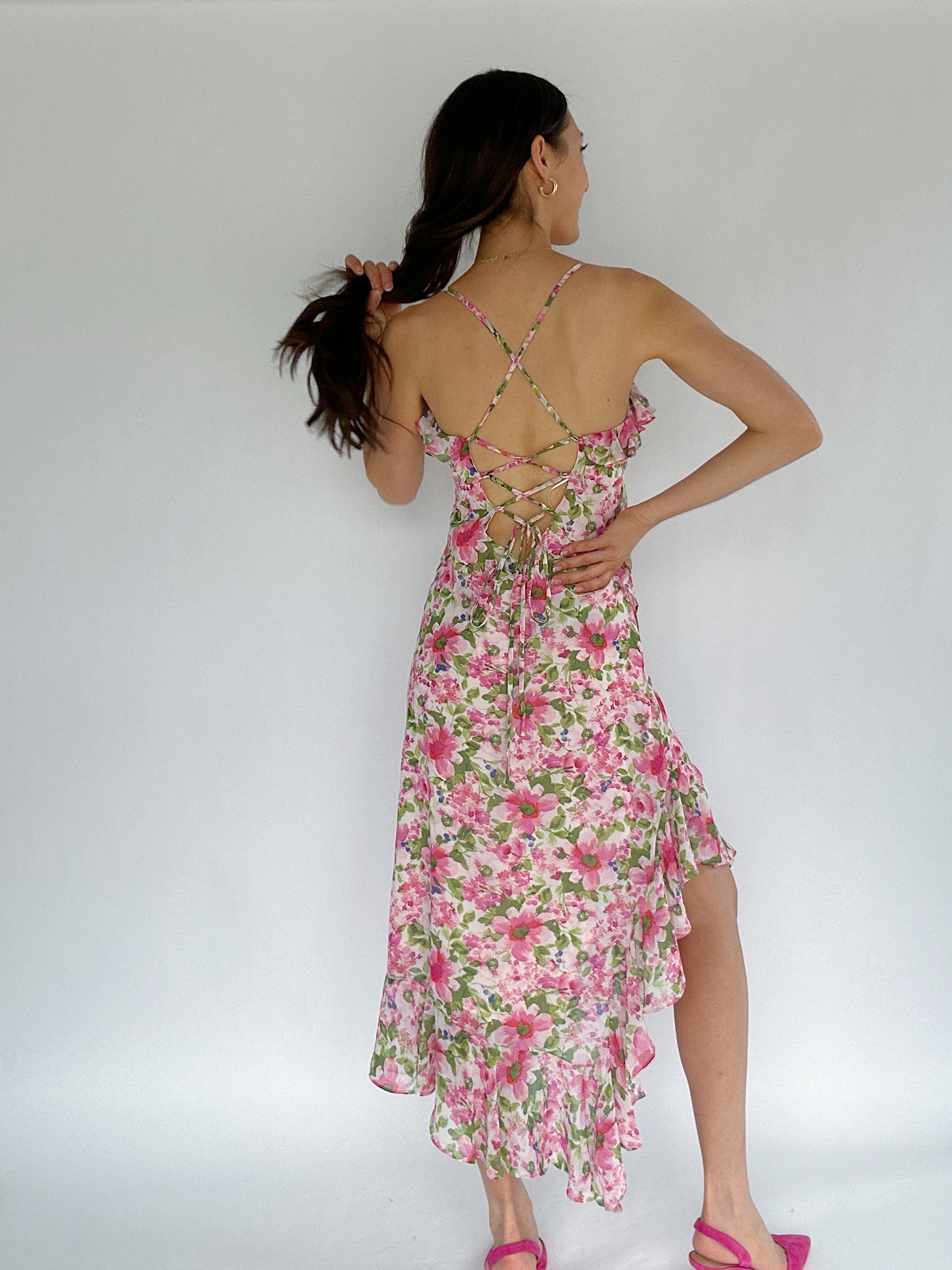 Carmine Rose Ruffled Midi Dress Back