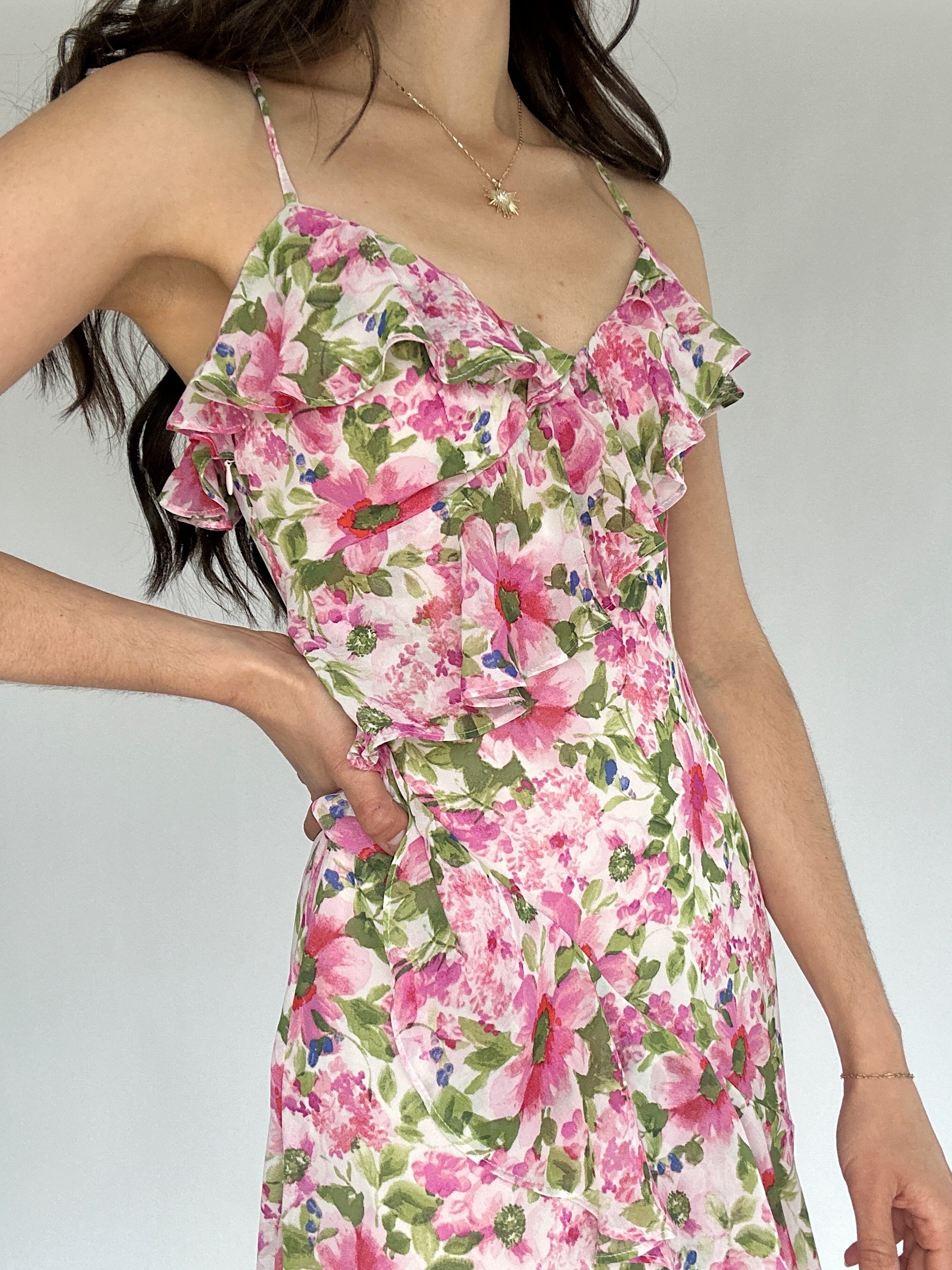 Carmine Rose Ruffled Midi Dress Side Detail