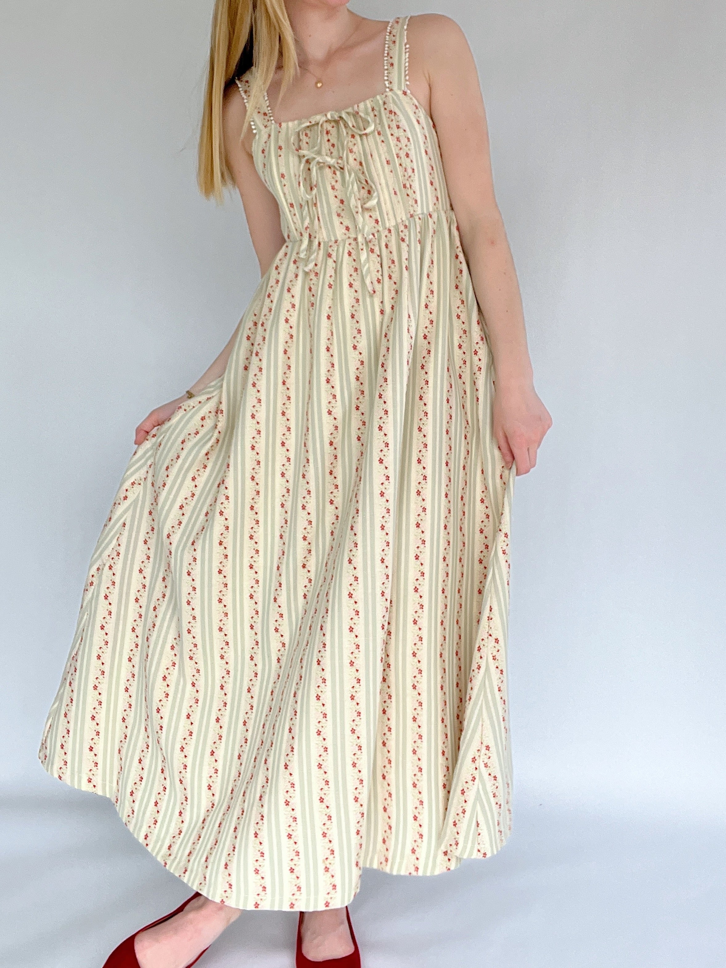 Cottage Core Floral Striped Midi Dress