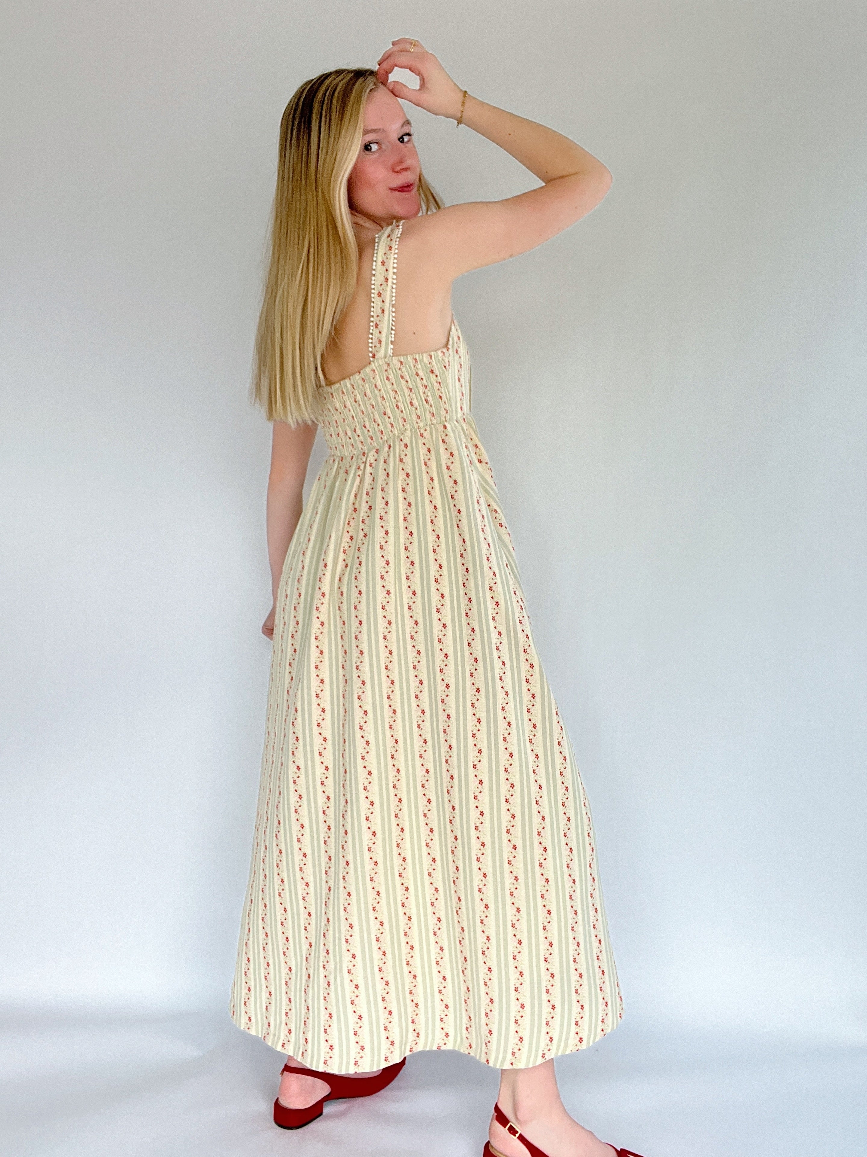 Cottage Core Floral Striped Midi Dress Back