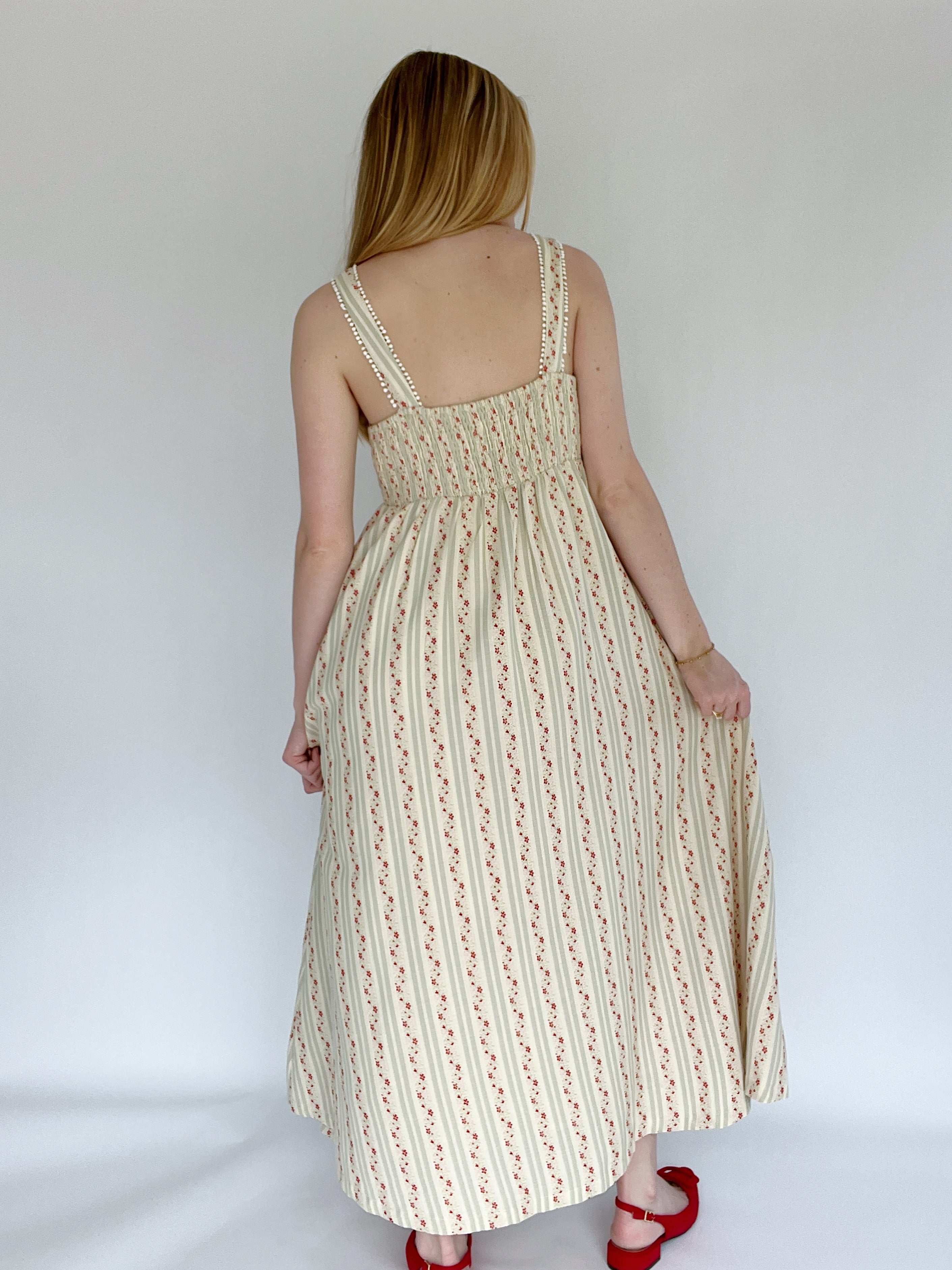 Cottage Core Floral Striped Midi Dress Back