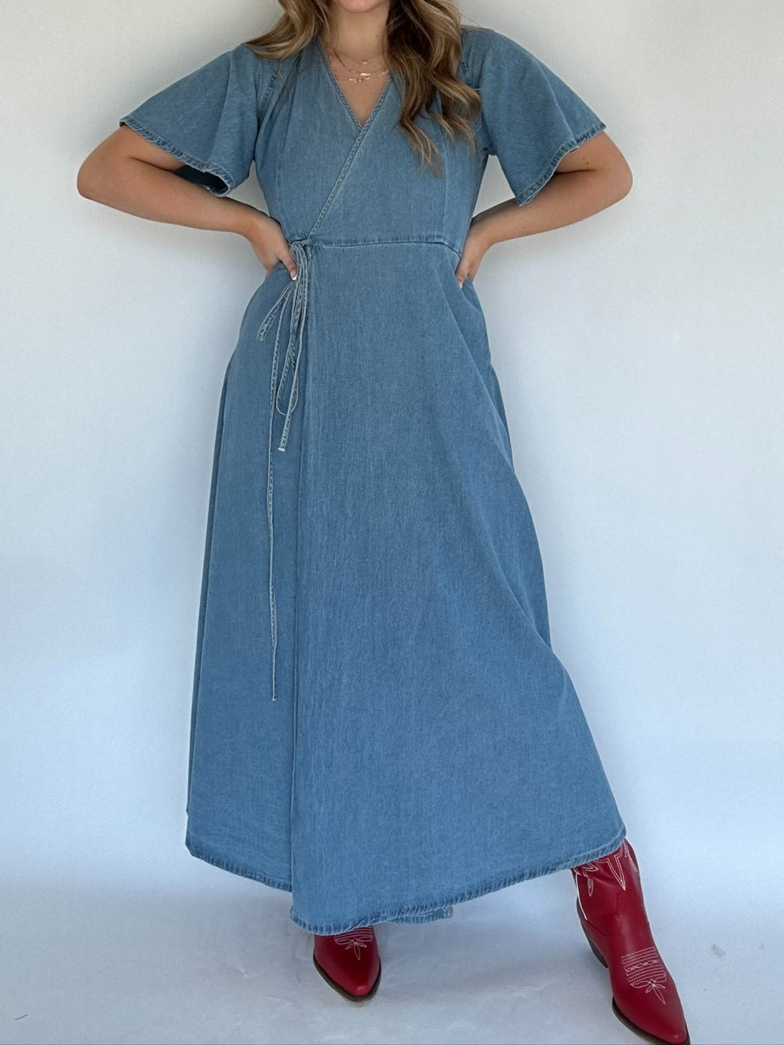 County Line Denim Maxi Dress - Up Close