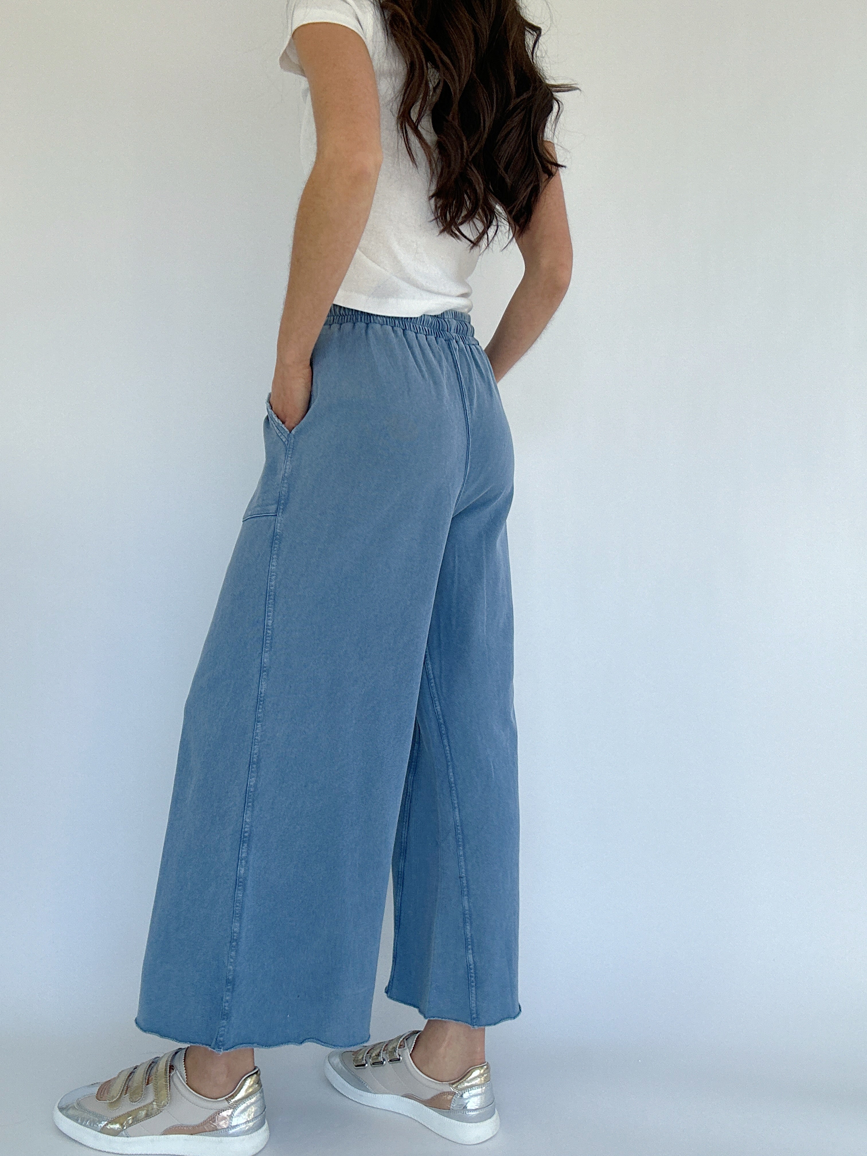 Person wearing blue wide-leg sweatpants and a white top against a plain background showing back