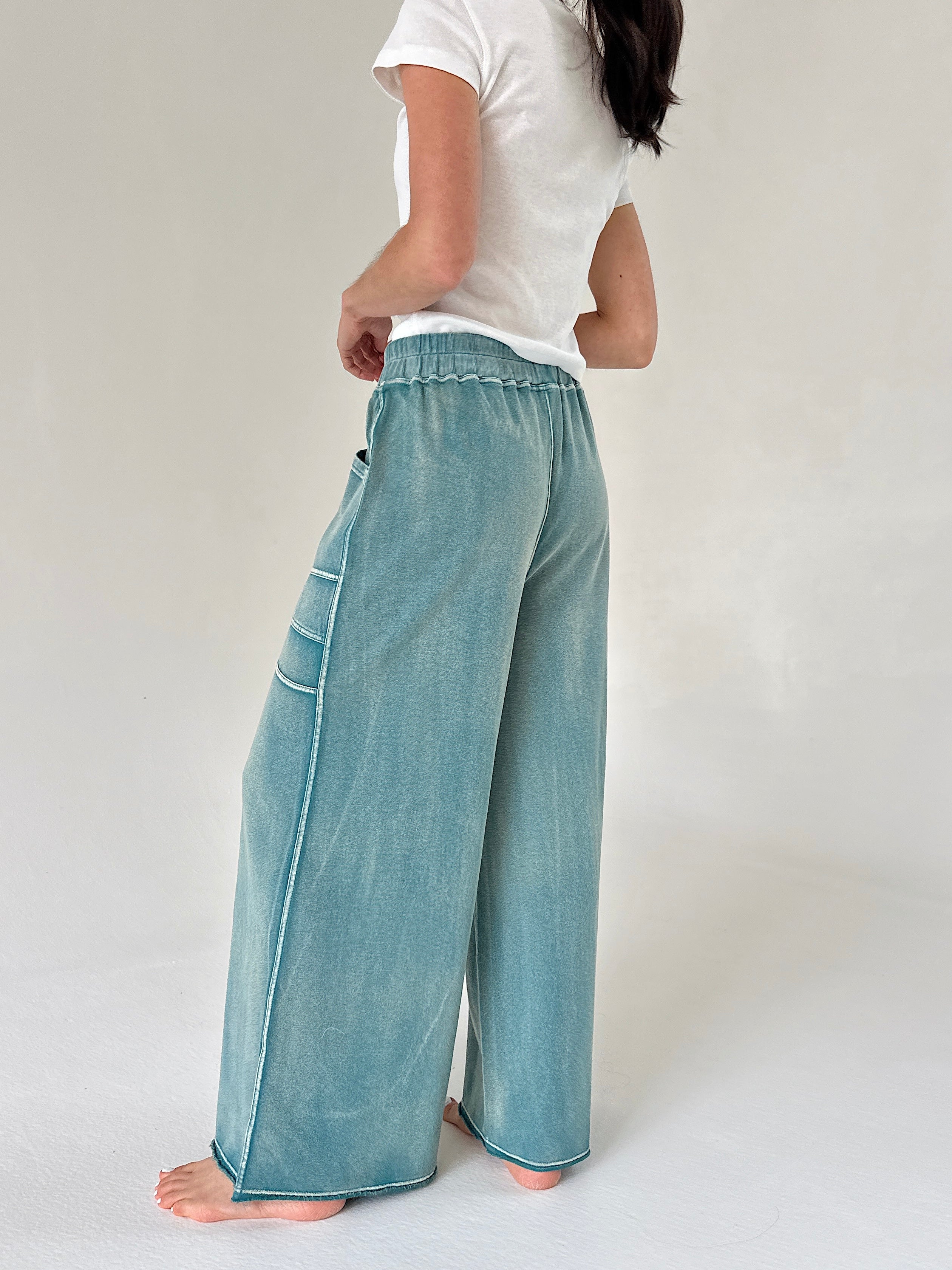 Person wearing teal wide-leg pants and a white shirt on a plain background