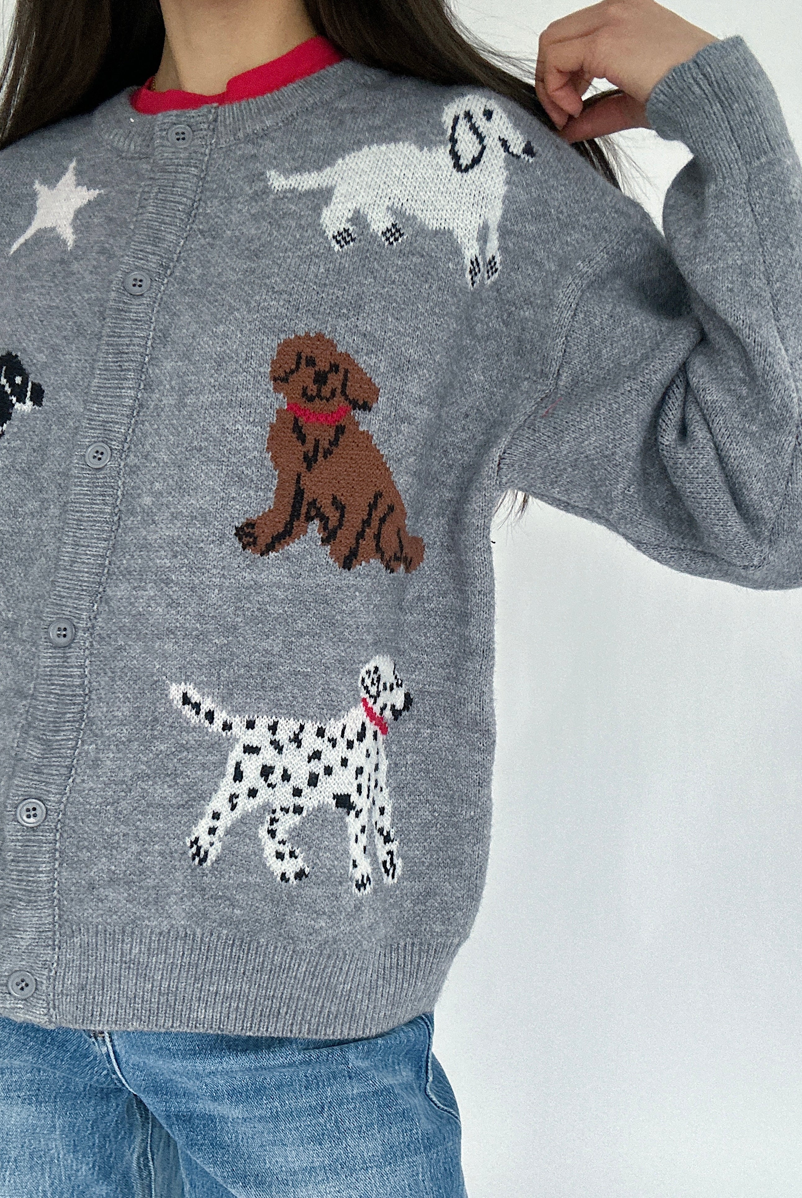 Person wearing a gray sweater with dog illustrations on a white background