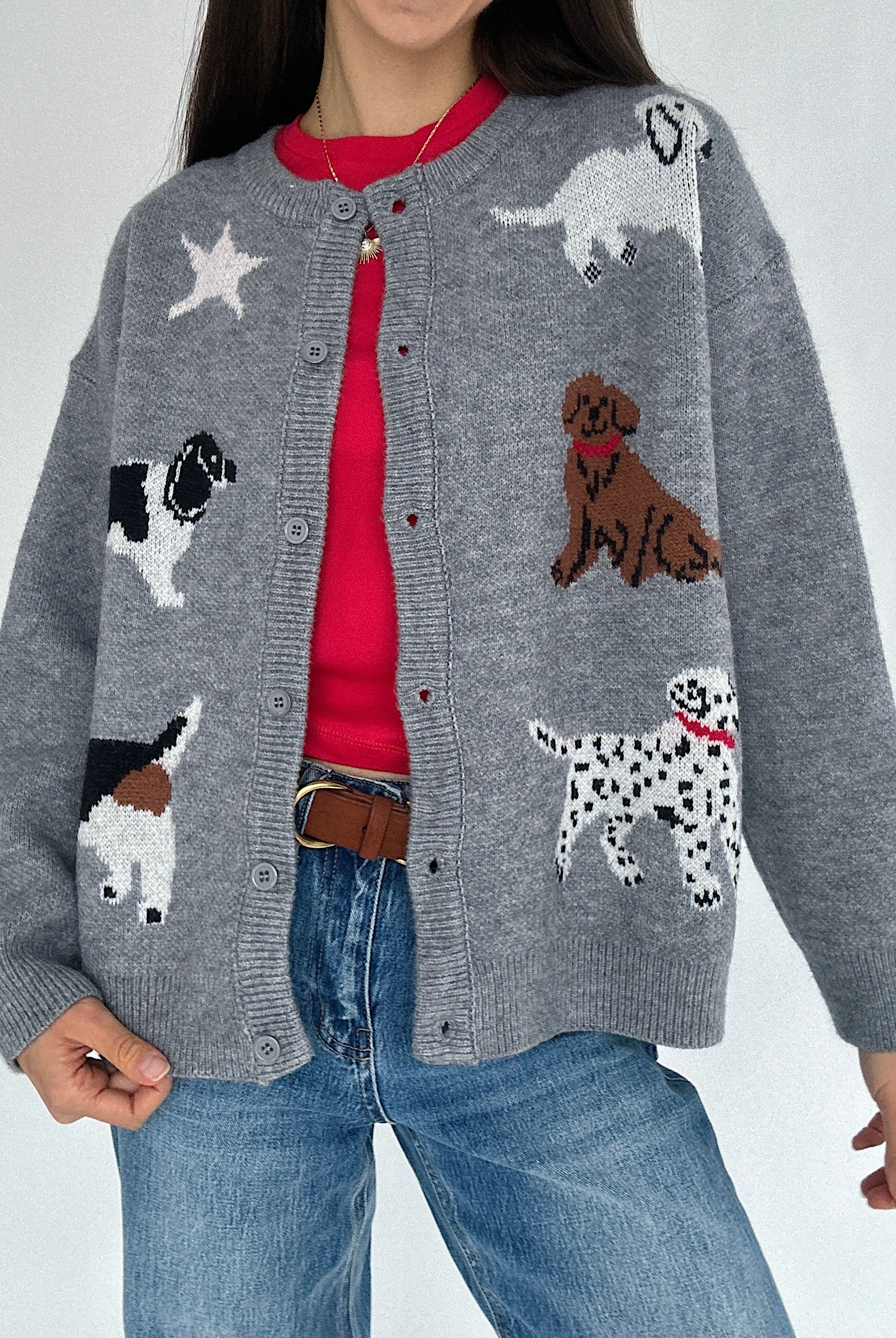 Person wearing a gray cardigan with dog patterns over a red tee on a plain background