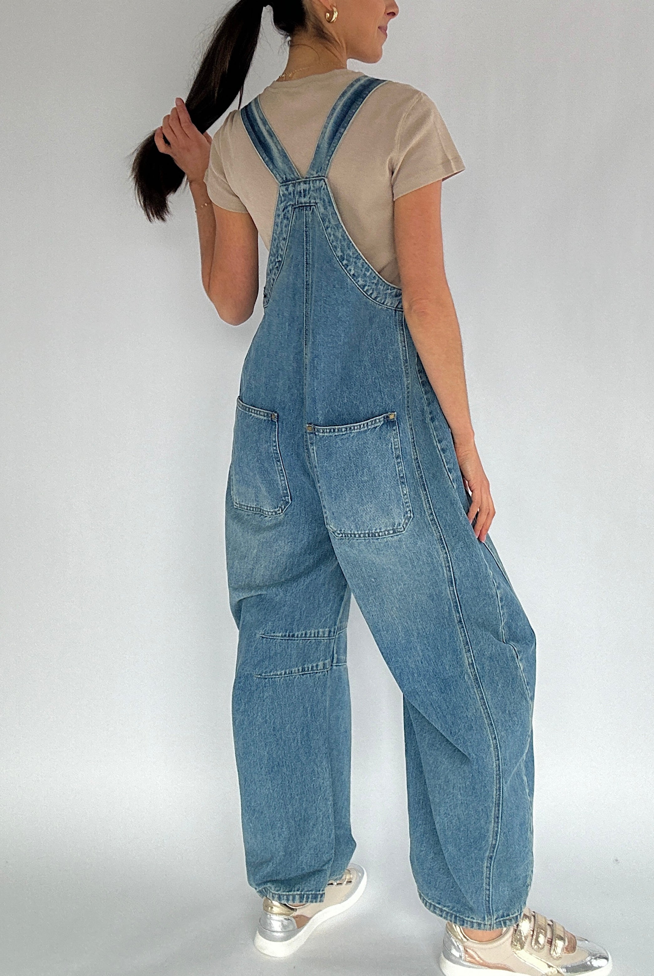 Person wearing blue denim overalls on a plain background from back
