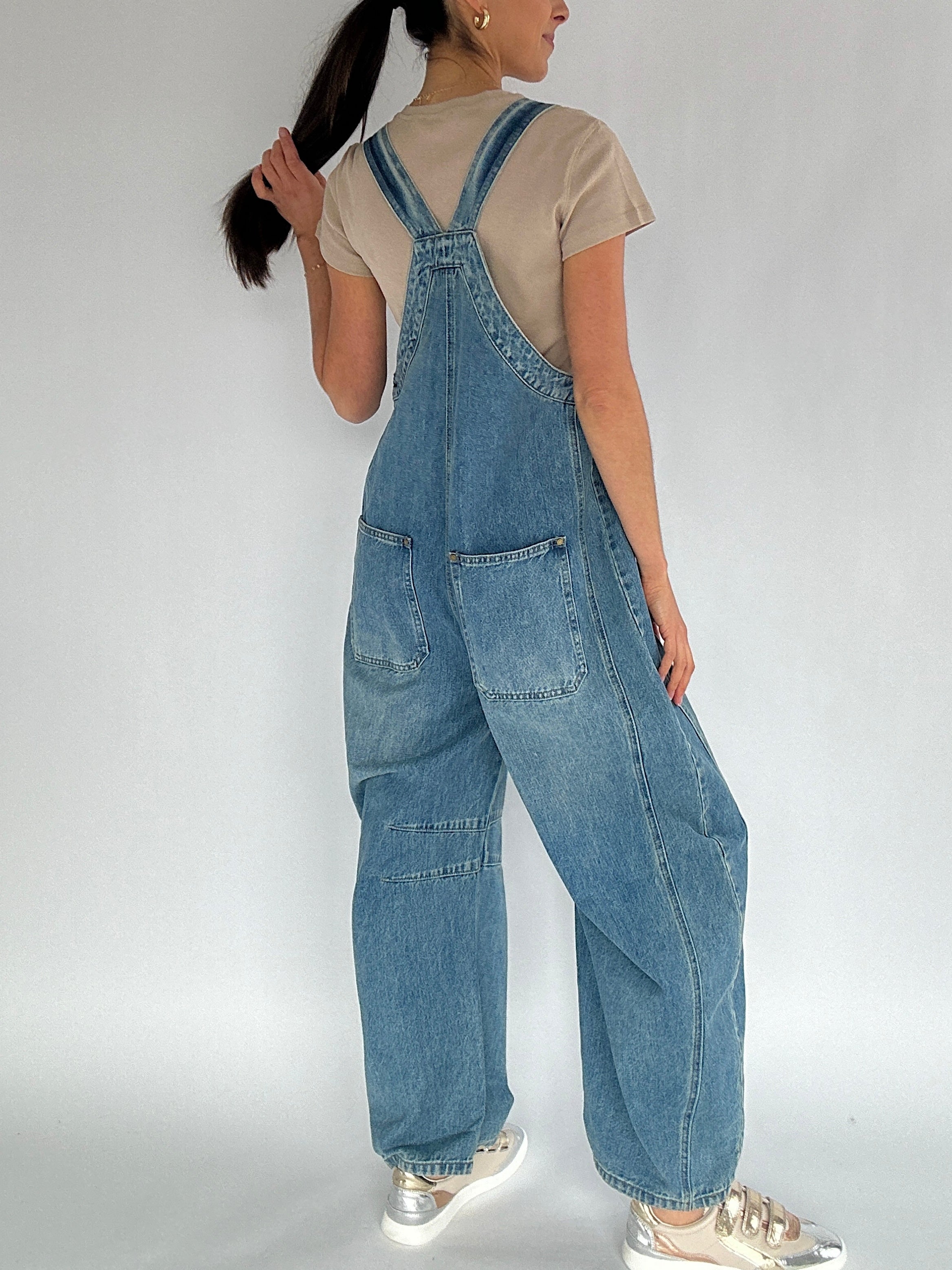 Person wearing blue denim overalls on a plain background from back