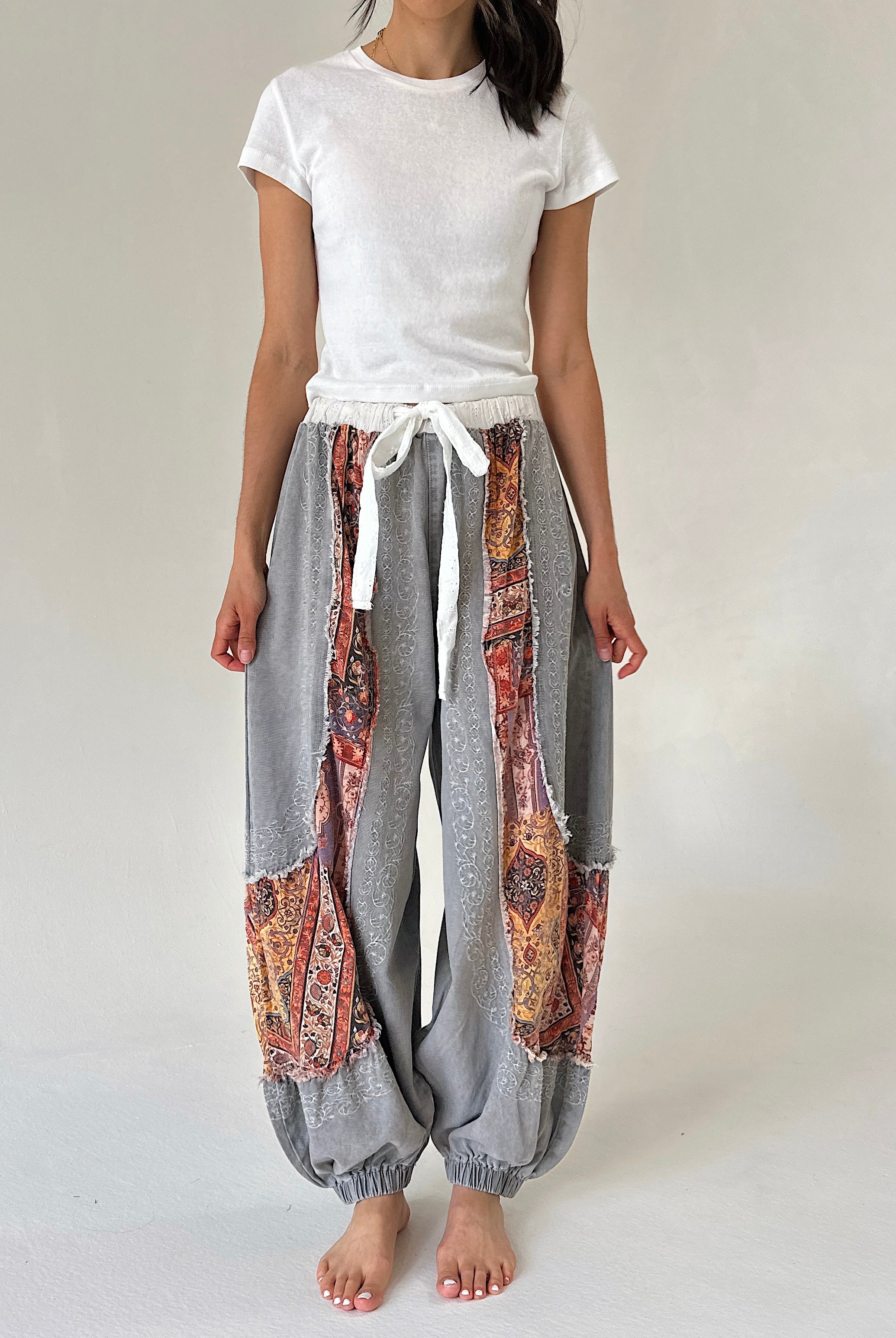 charoal jogger pants with boho floral panel
