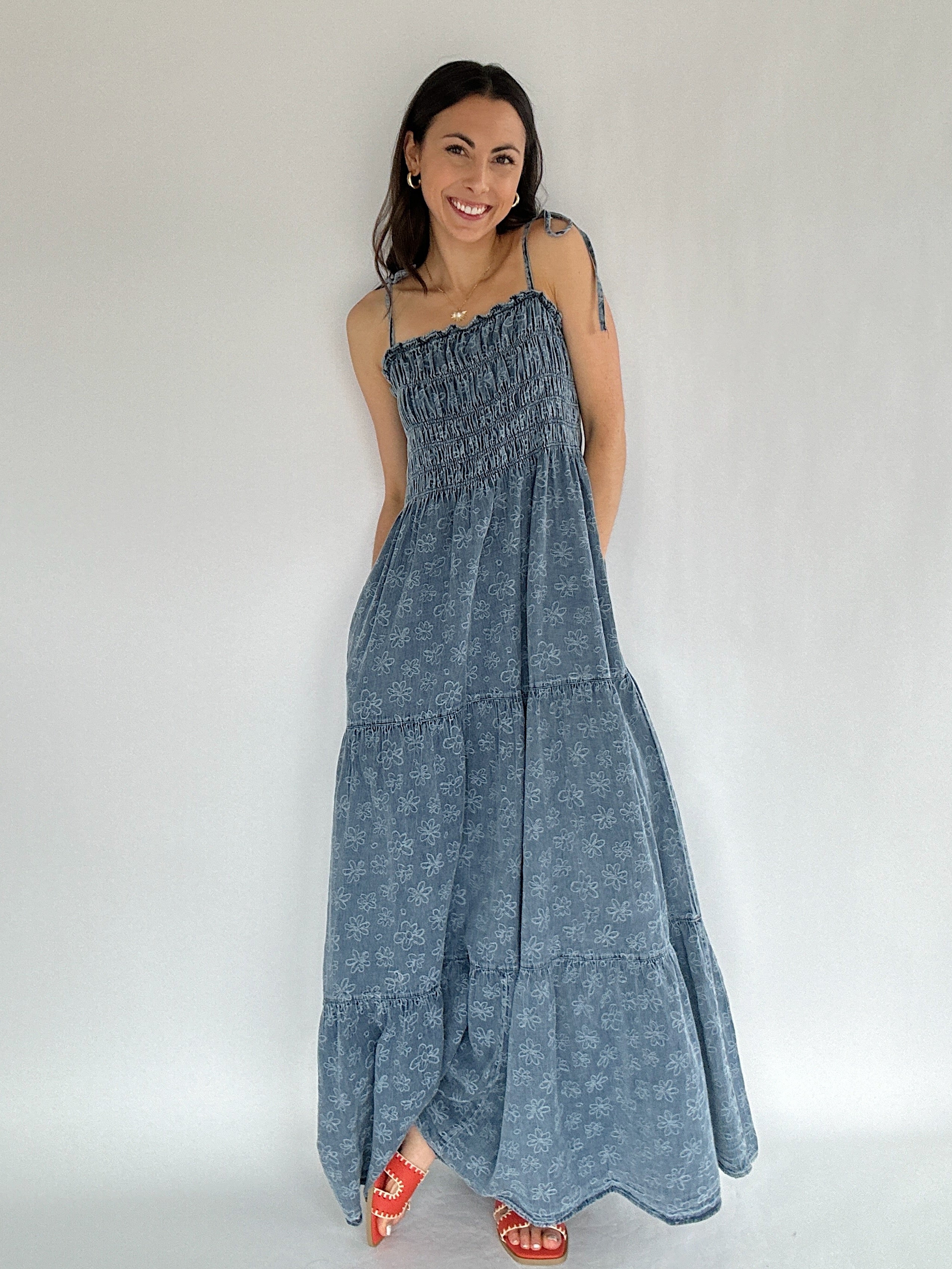 Lennox Denim Maxi Dress Front Pockets