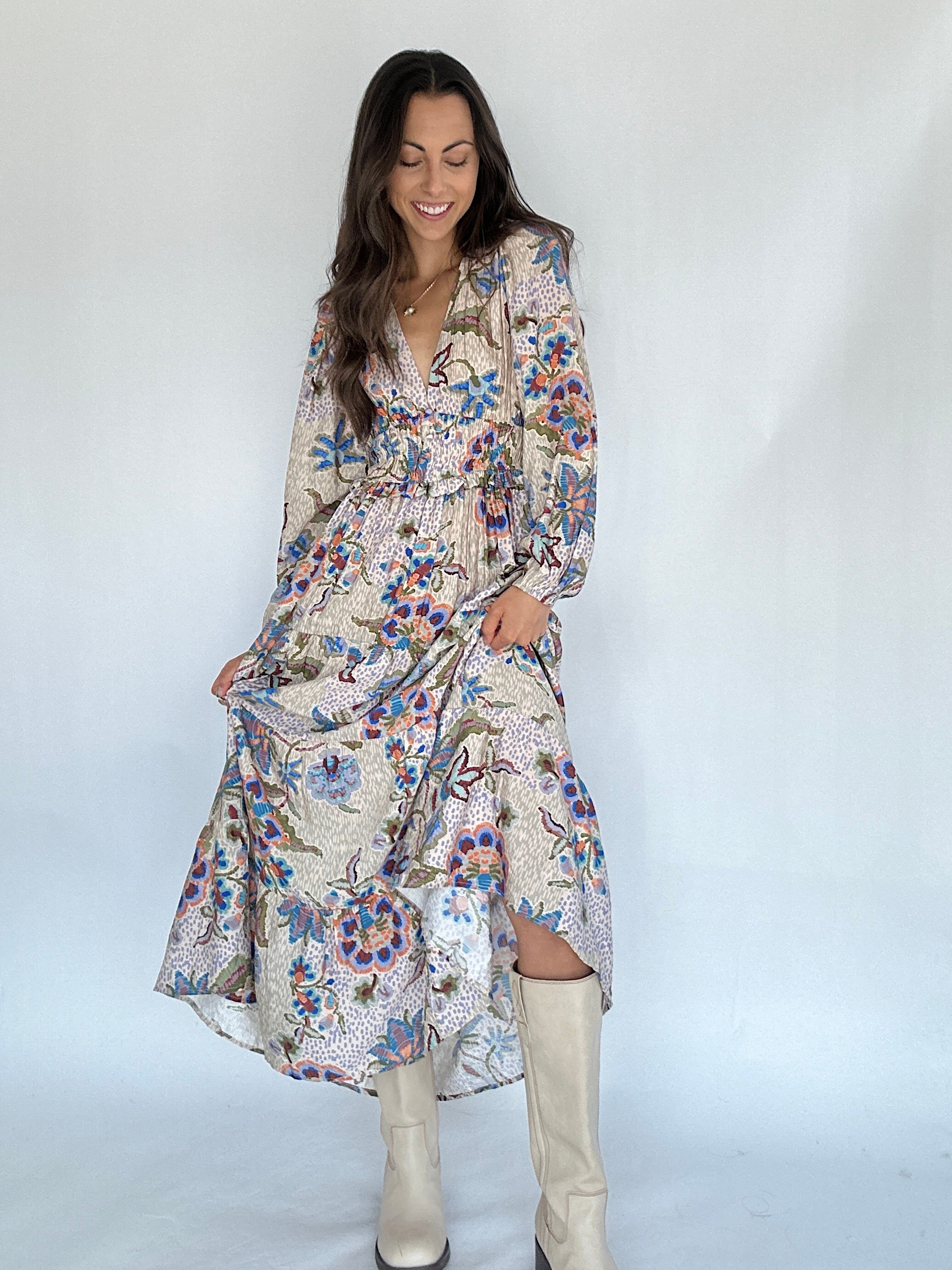 Mosaic Vineyard Maxi Dress WIth Boots