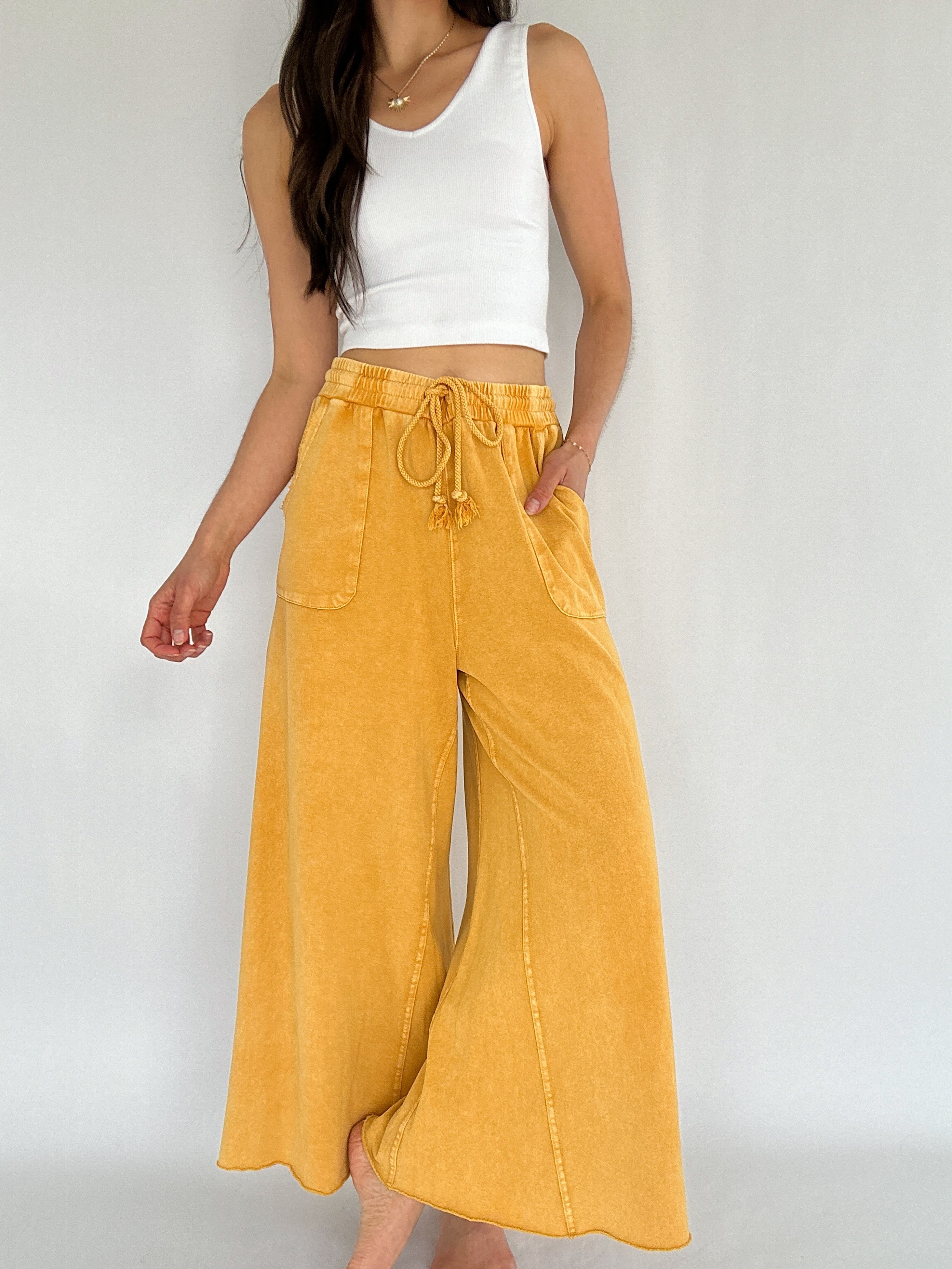 On The Road Again Wide Leg Sweatpants Mustard Yellow