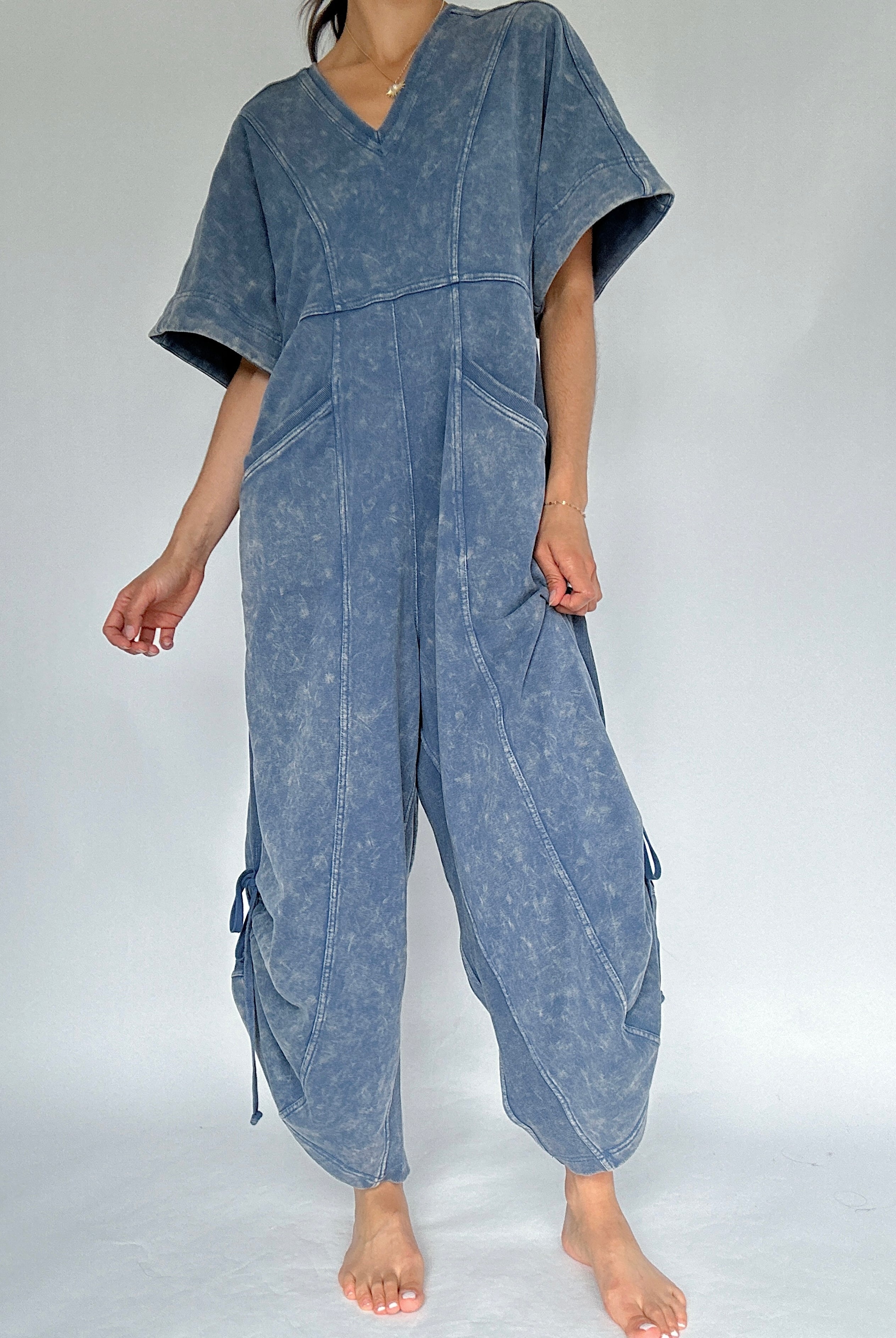 Outbound Jumpsuit Front in blue with cinched legs
