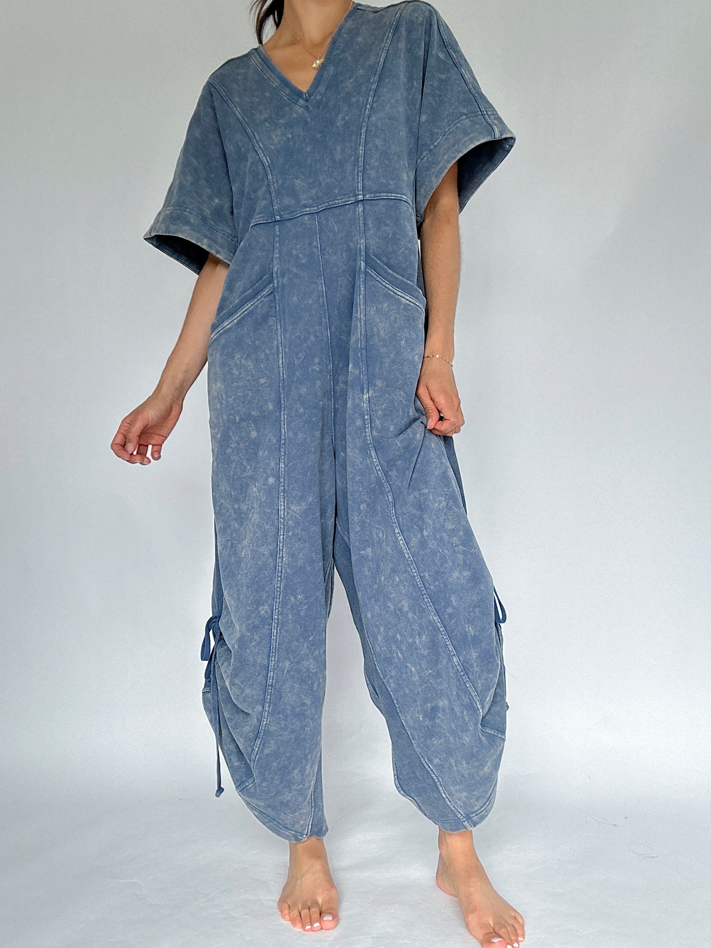 Outbound Jumpsuit Front in blue with cinched legs