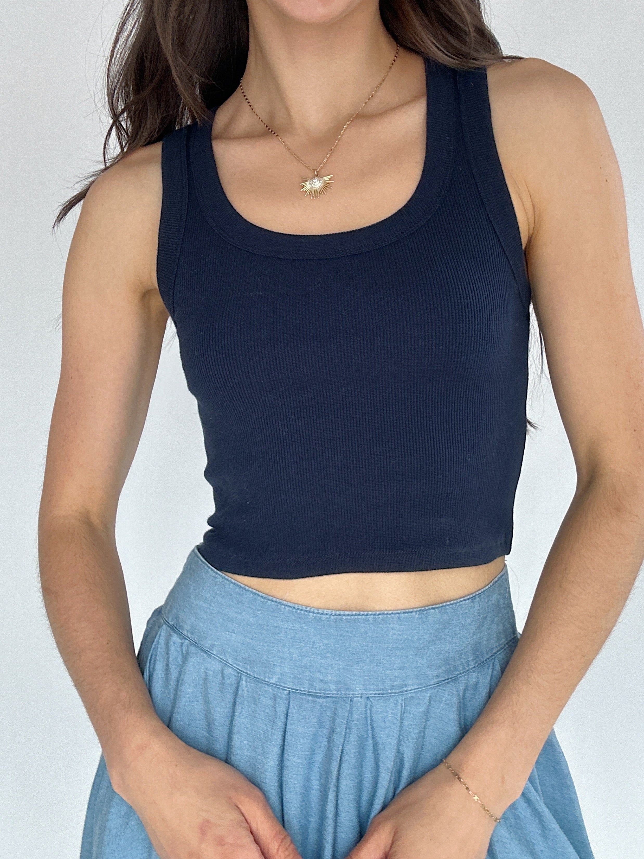 Penny Ribbed Scoop Tank Indigo Front