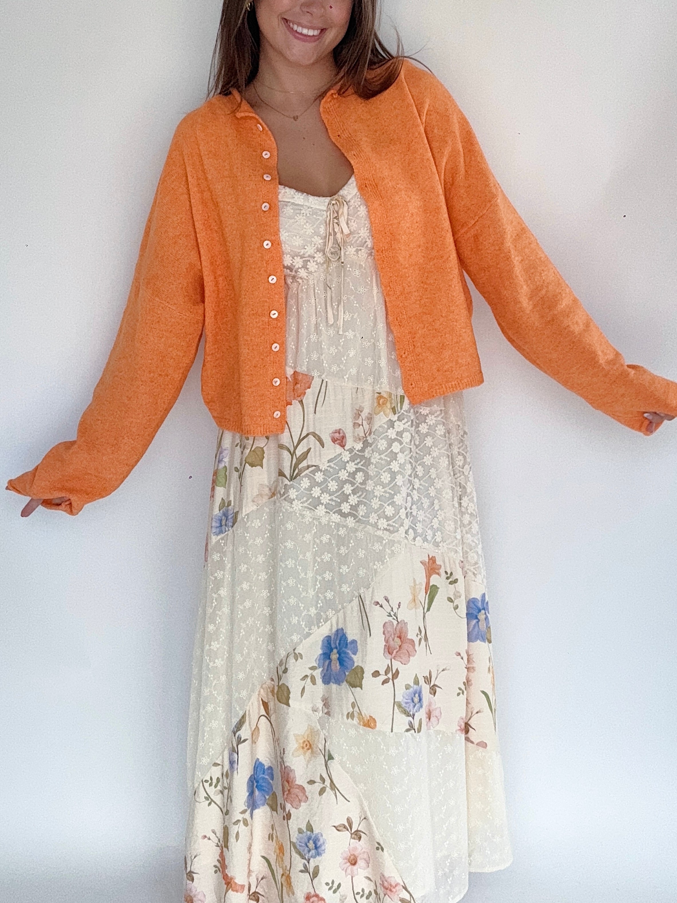 Presley Cardigan Orange over floral dress