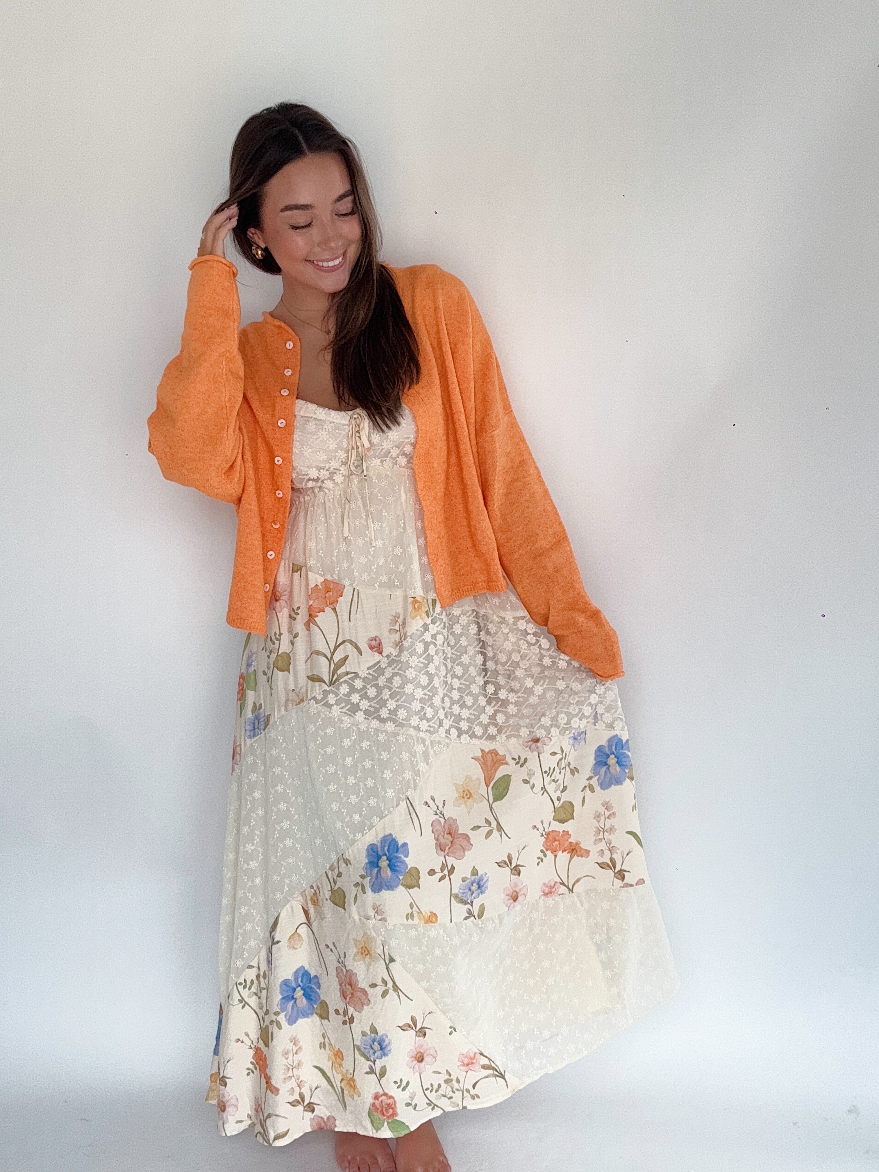 Presley Cardigan Orange Over Floral Dress