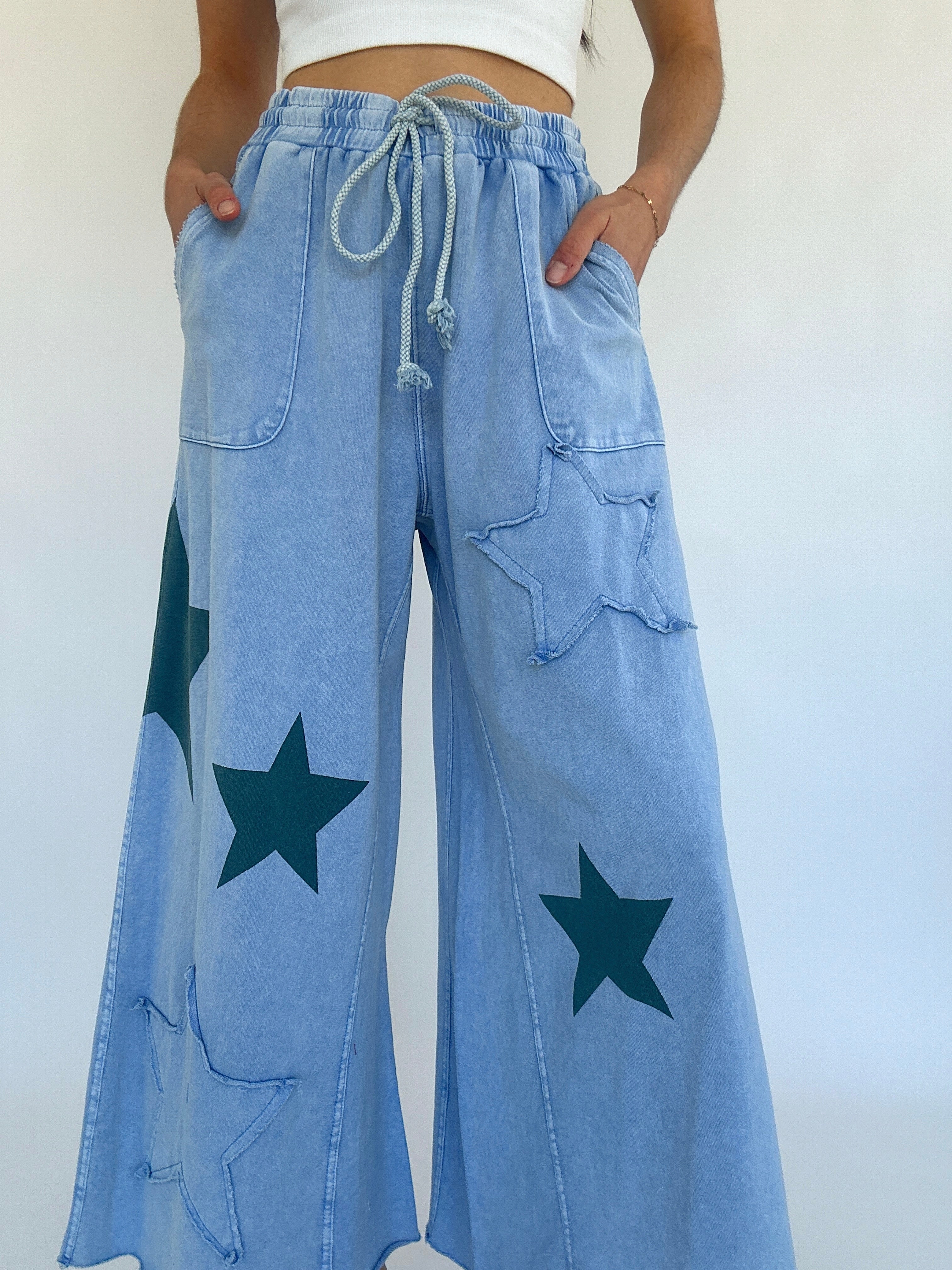 Starred Wide Leg Pants Blue Front