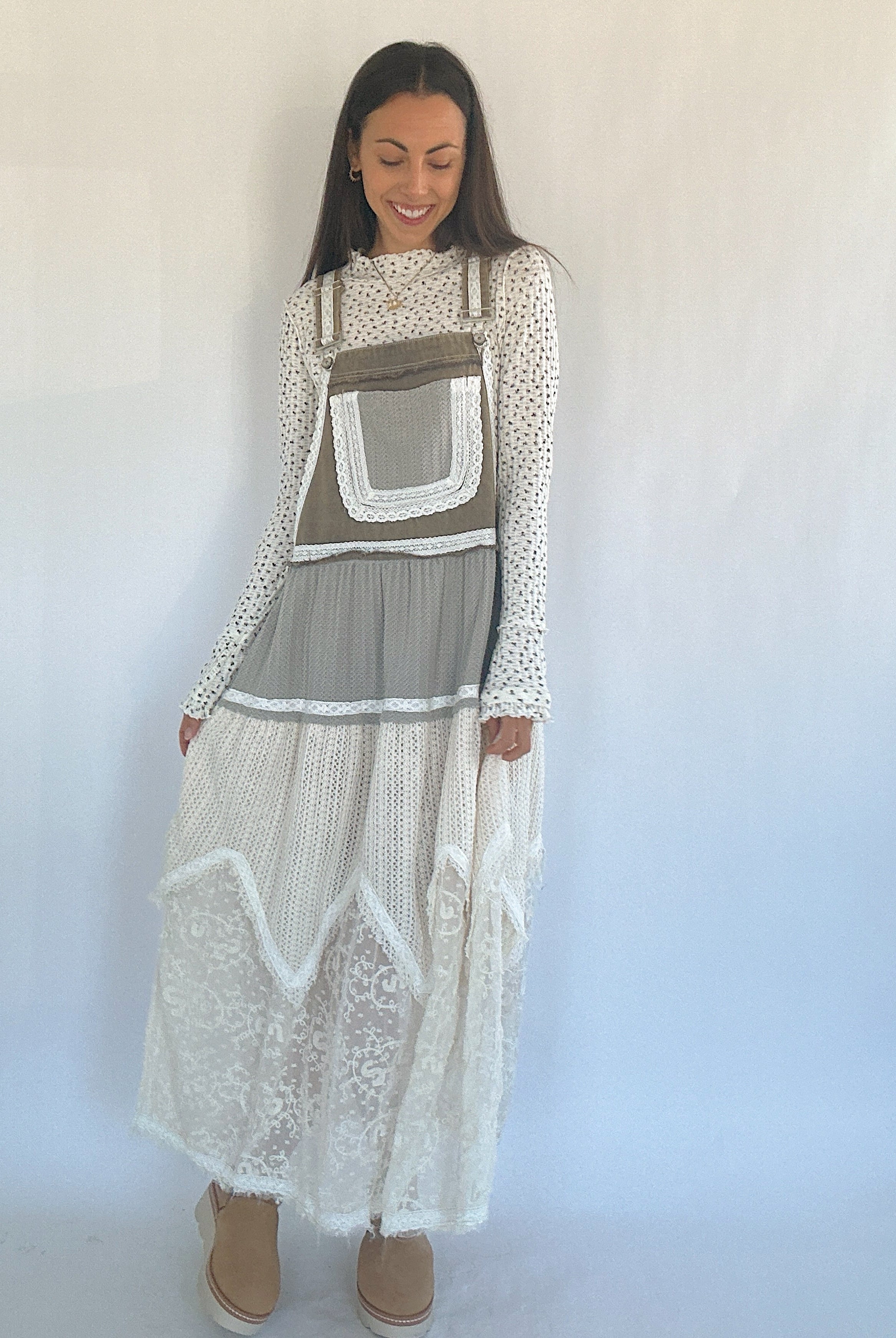 Talk It Up Overall Dress Olive Grey