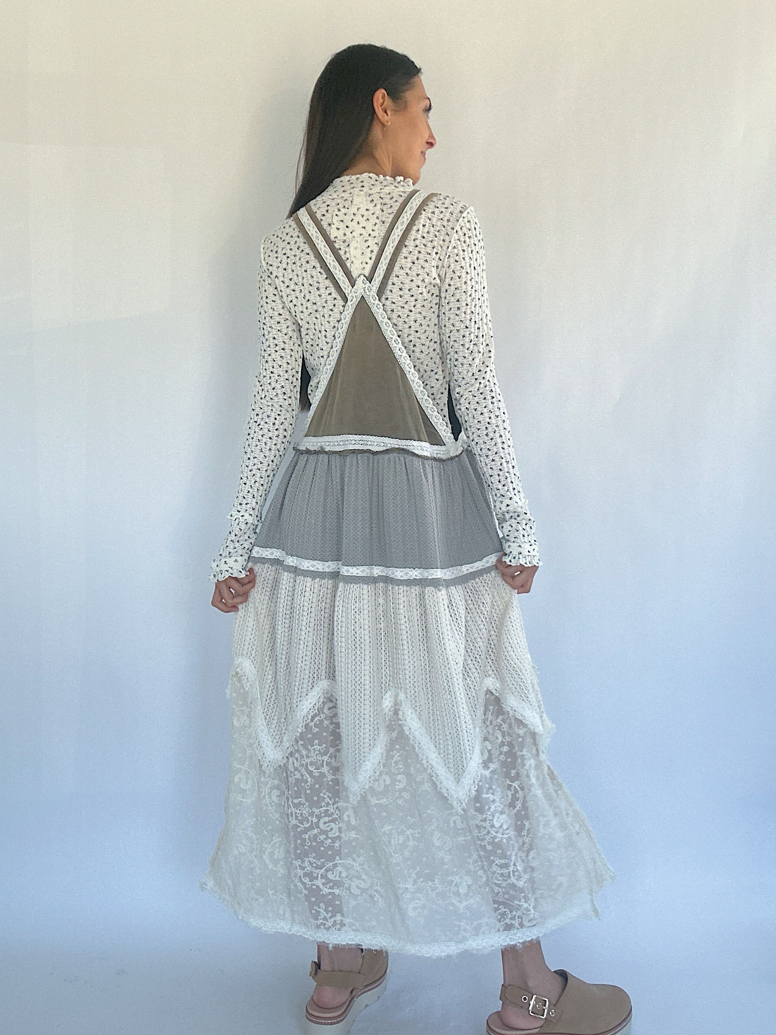 Talk It Up Overall Dress Olive Grey Back