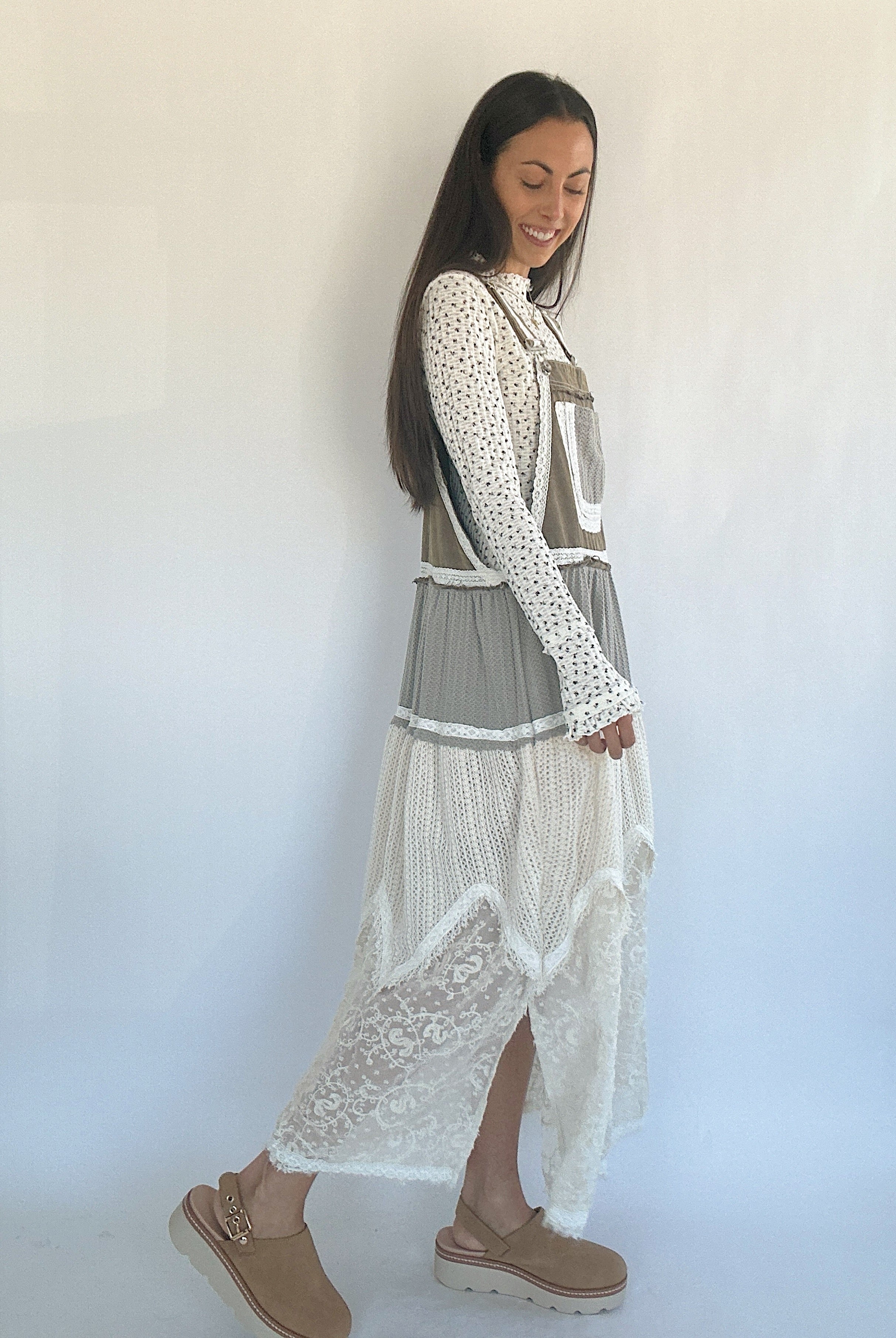 Talk It Up Overall Dress Olive Grey Side