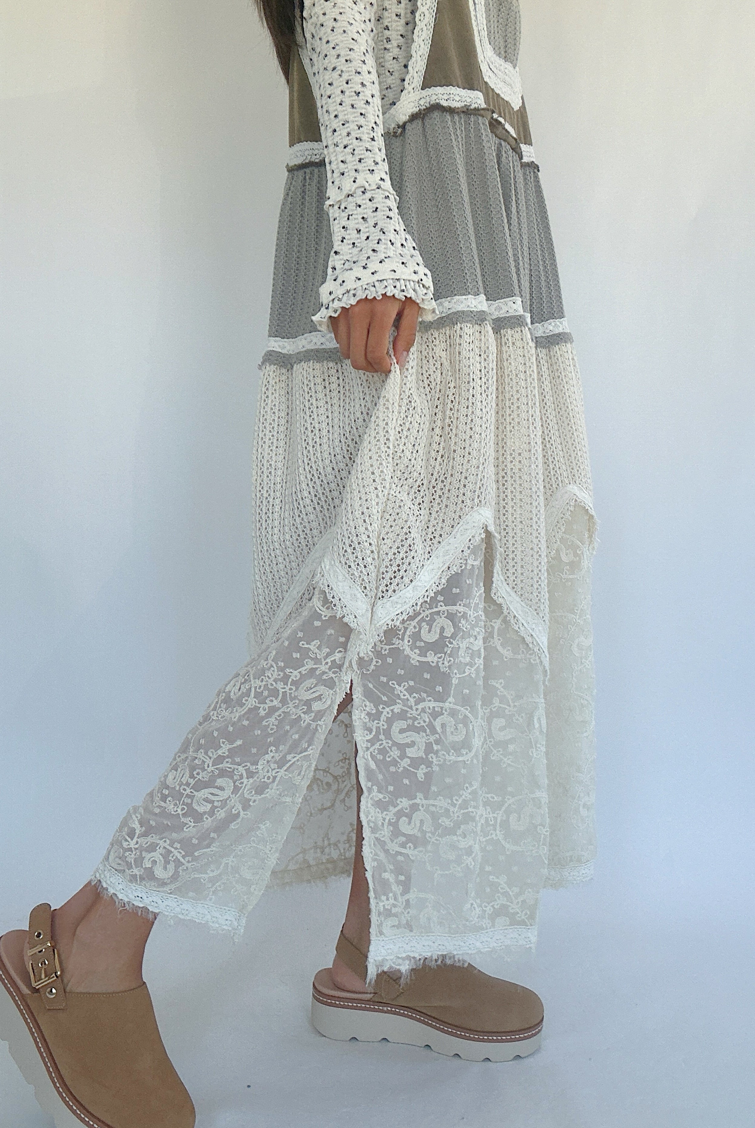 Talk It Up Overall Dress Olive Grey Skirt Side