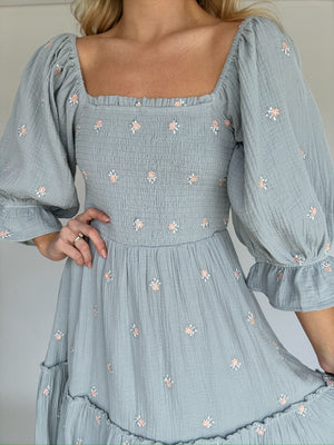 Ophelia Embroidered Dress - Steel Blue