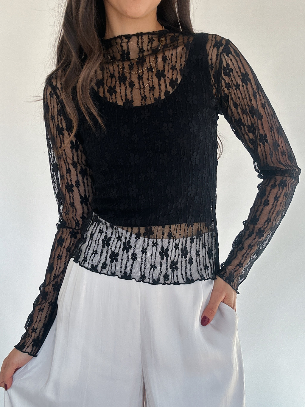 Twin Flame Sheer Lace Top - Black