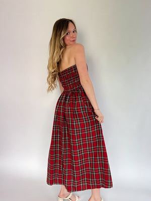 Etta Strapless Plaid Midi Dress - Red