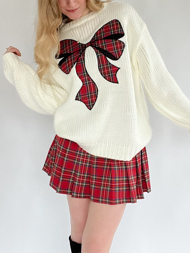 Mariah Plaid Bow Sweater - White