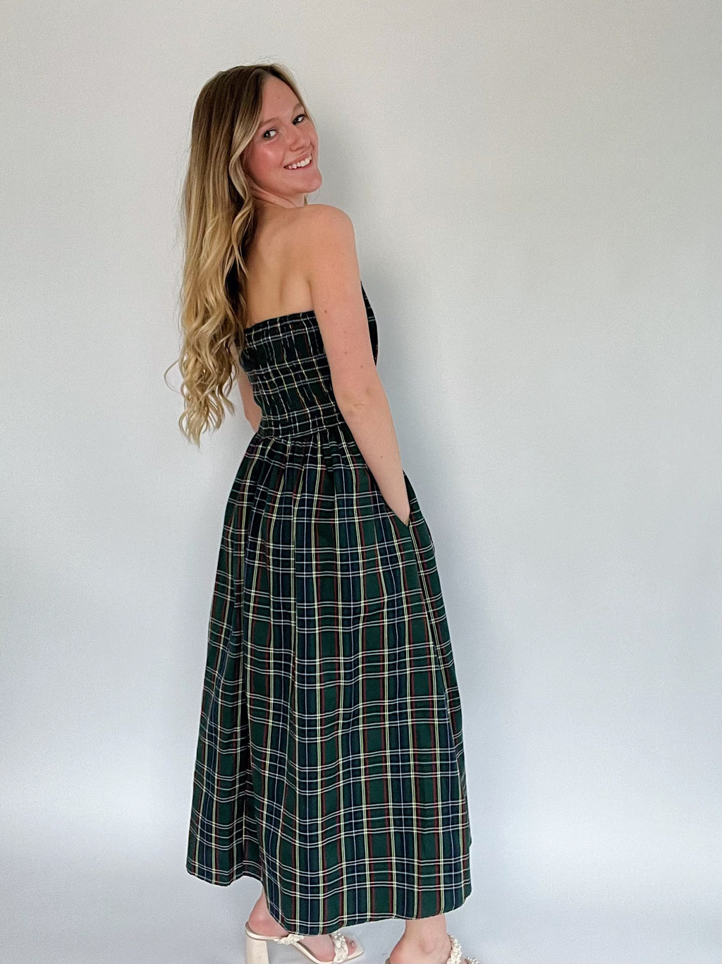 Etta Strapless Plaid Midi Dress - Green