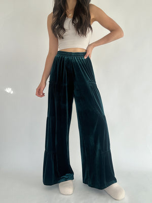 Forest Velvet Wide Leg Pants - Green