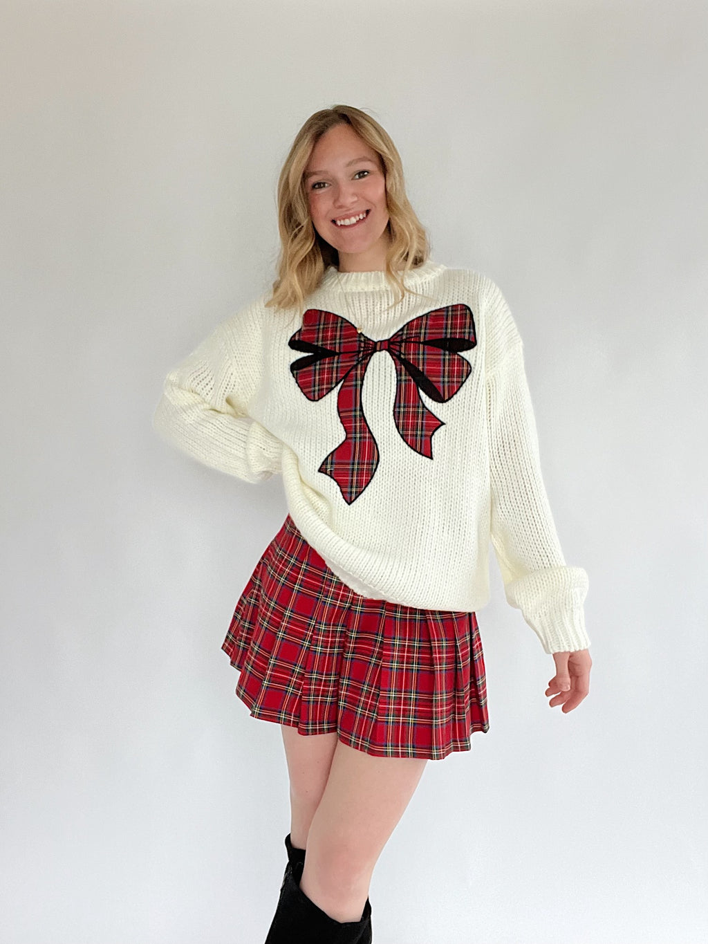 Mariah Plaid Bow Sweater - White