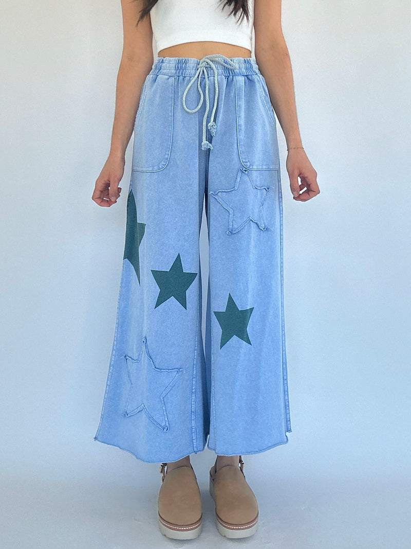 Starred Wide Leg Pants - Blue