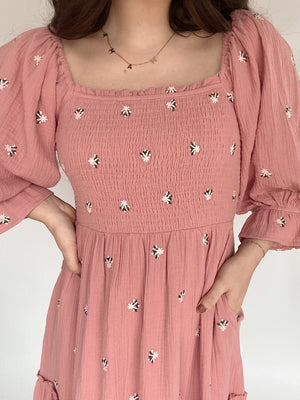 Ophelia Embroidered Dress - Rose