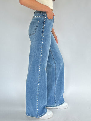 Pearl Studded Wide Leg Jeans