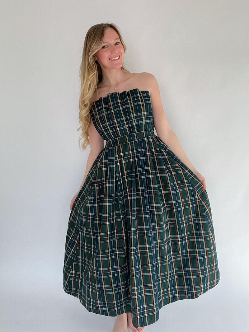 Etta Strapless Plaid Midi Dress - Green