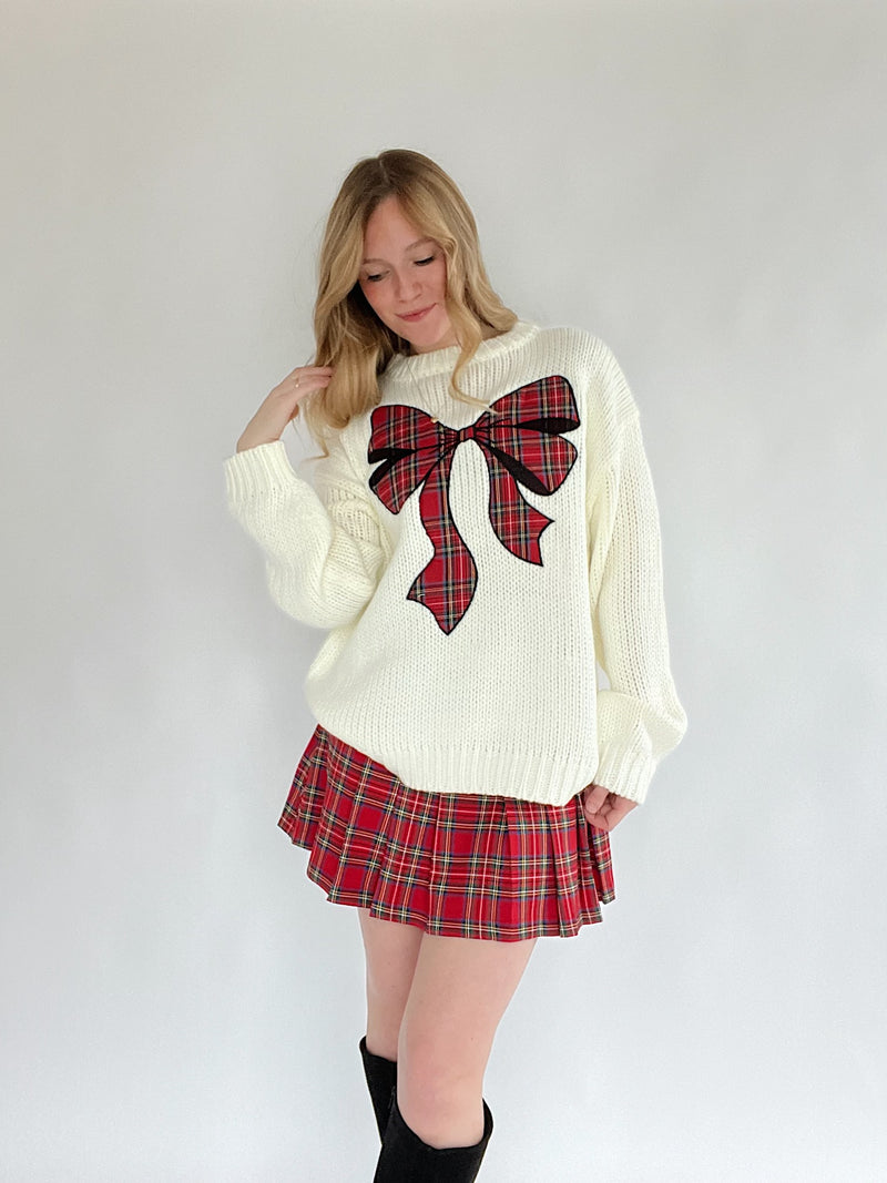 Mariah Plaid Bow Sweater - White