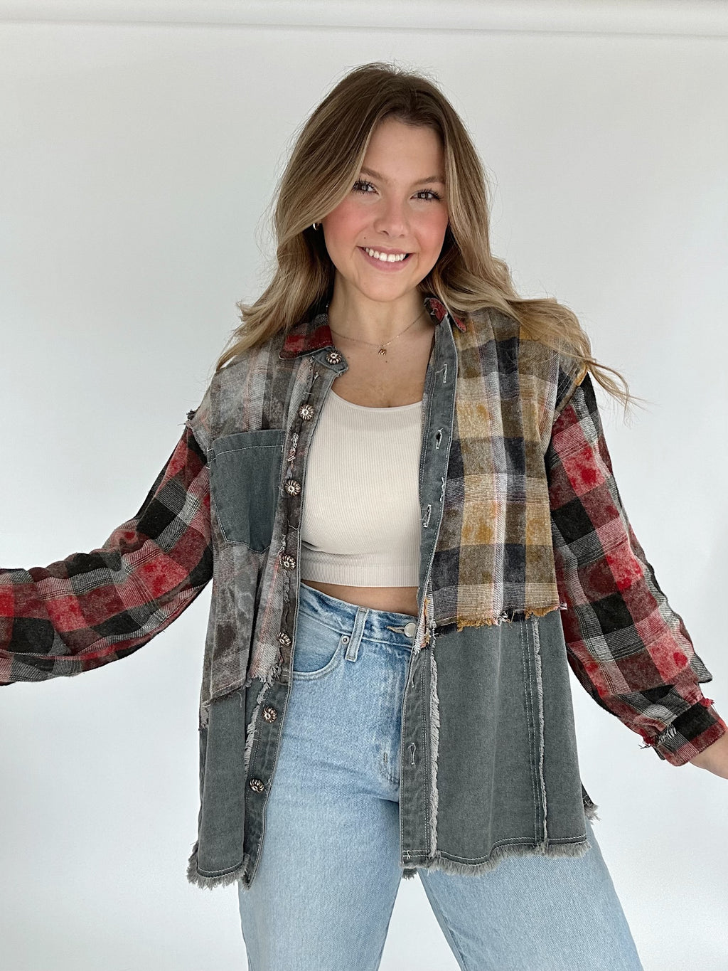 Going There Plaid And Denim Top