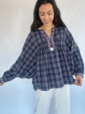 Blameless Plaid Embroidered Top