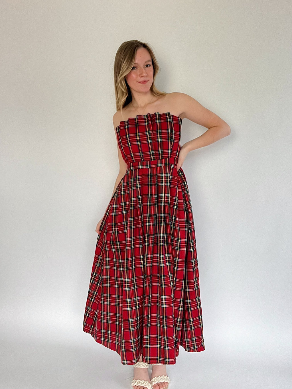 Etta Strapless Plaid Midi Dress - Red