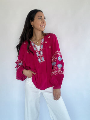 Duet Embroidered Top - Magenta