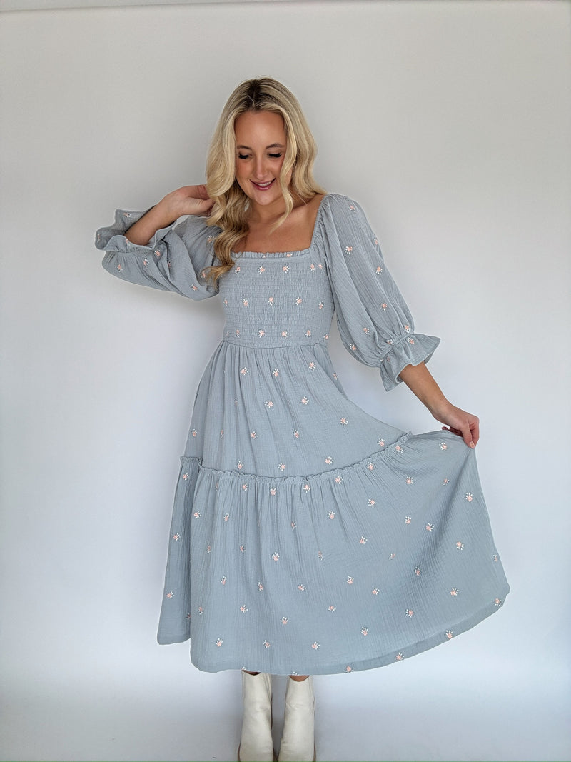 Ophelia Embroidered Dress - Steel Blue